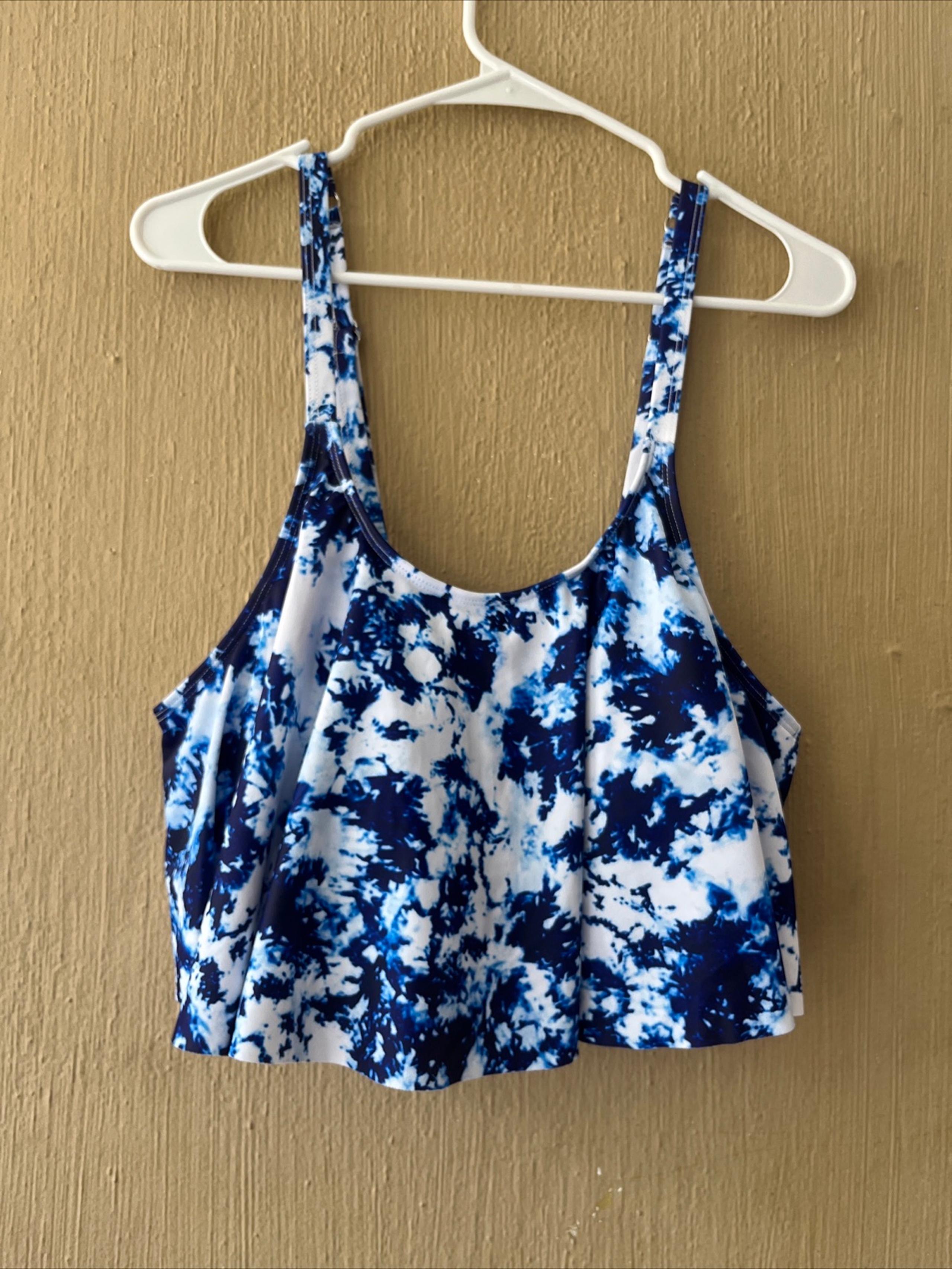 Amazon Womens Flounce Swim Tie Dye Ruffle Top Bikini Top Sz XL Blue White