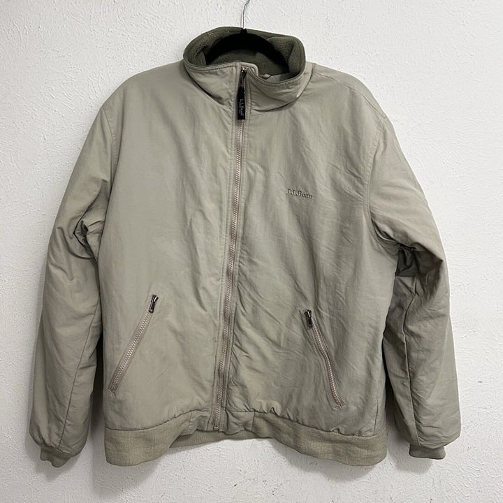 LL Bean Fleece Lined Nylon Bomber Jacket Beige Full Zip Size L Zip Pockets OUF43