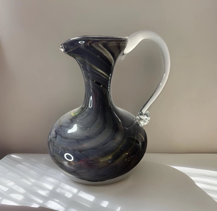 Handblown Black Gray Amethyst Swirl Pitcher Clear Applied Handle 7.5” Tall AS IS
