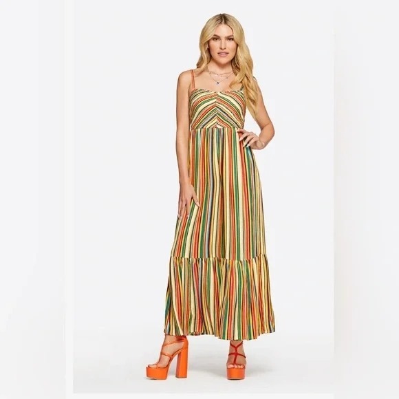 Jessica Simpson Ronan Rainbow Stripe Jumpsuit Medium Smocked Tiered Flare Leg