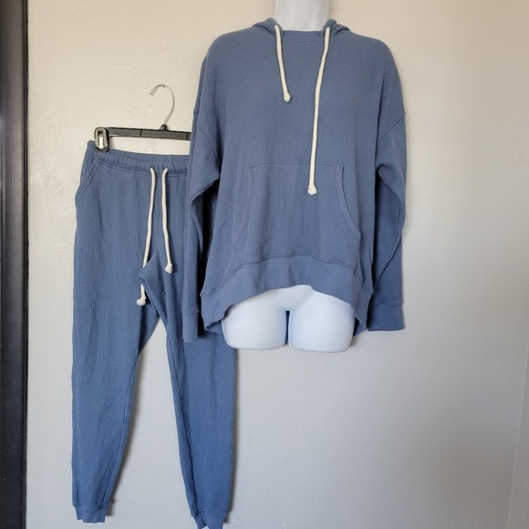 Aerie Women's XS Blue Waffle Knit Two Piece Set Loungewear Hoodie Joggers Outfit