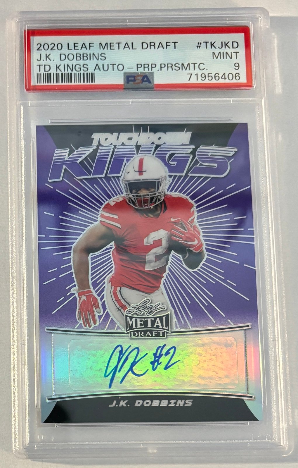 2020 Leaf Metal 'Touchdown Kings' Purple J.K. Dobbins Rookie Auto #15/25 PSA 9