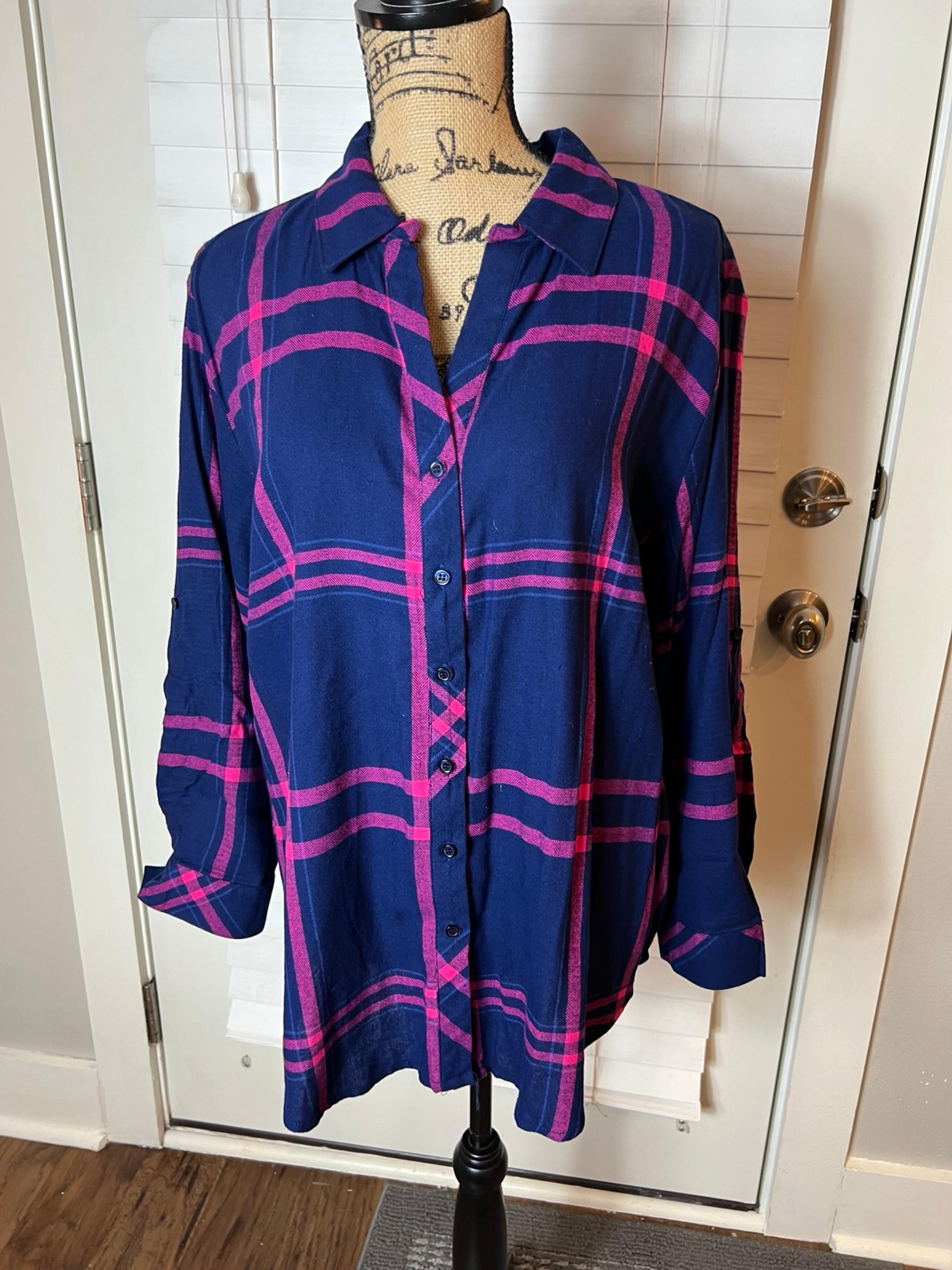 Women’s button down navy and pink flannel shirt