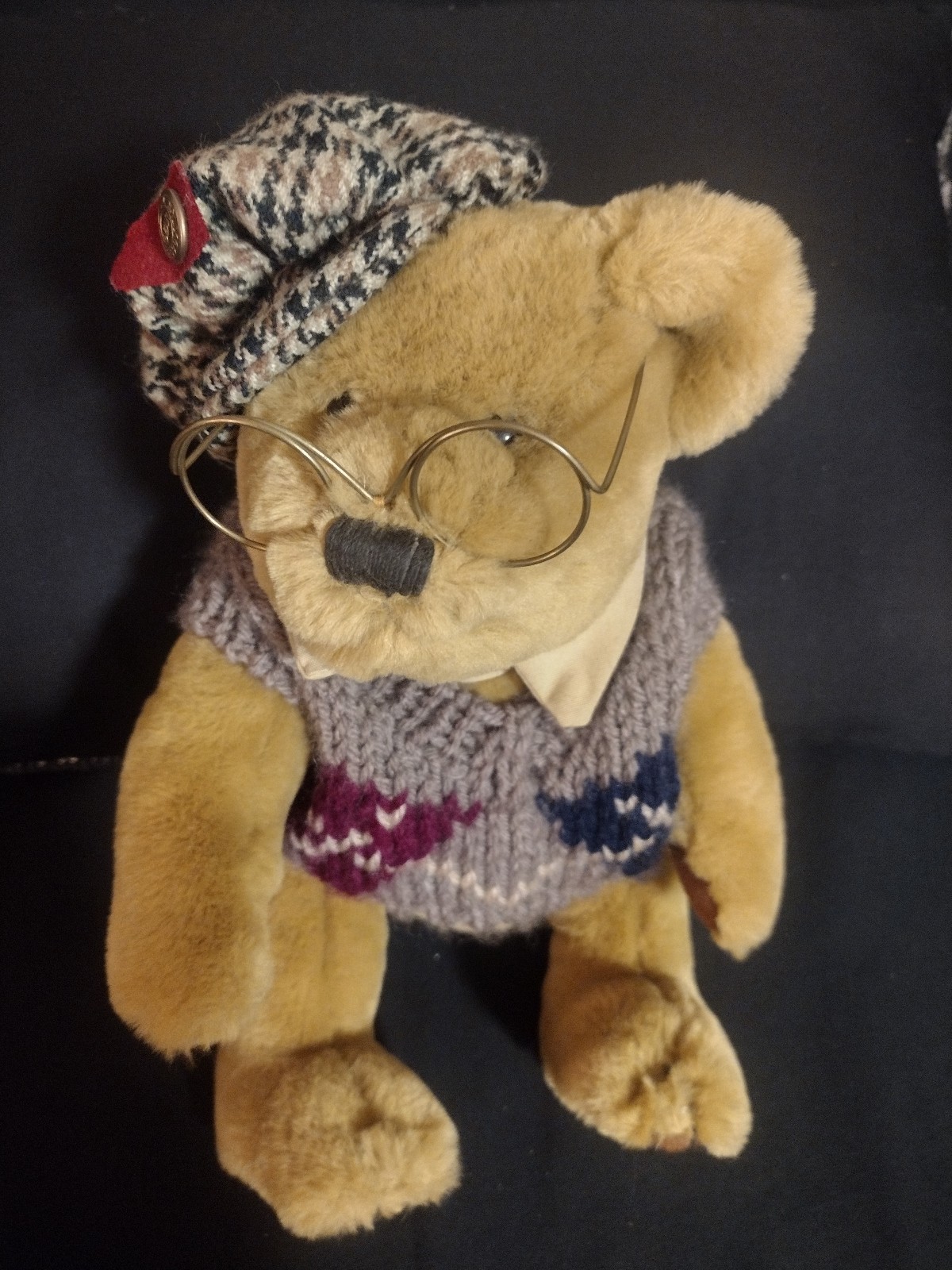 Vintage Sherwood Teddy Bear 1996 Brass Button Collection Jointed 12' Glasses Tag
