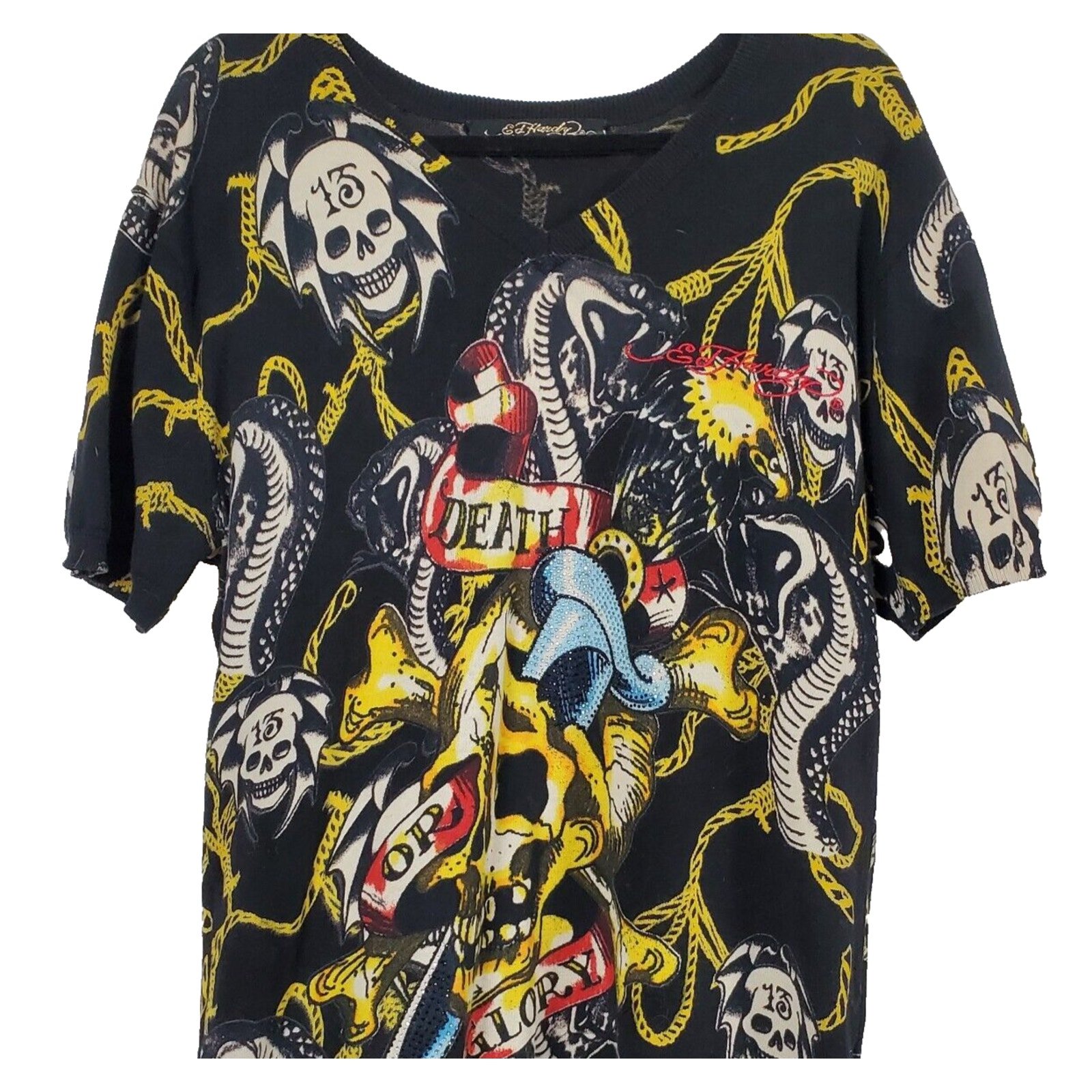 Ed Hardy Shirt Mens L Black Skull Snake Death Glory V Neck