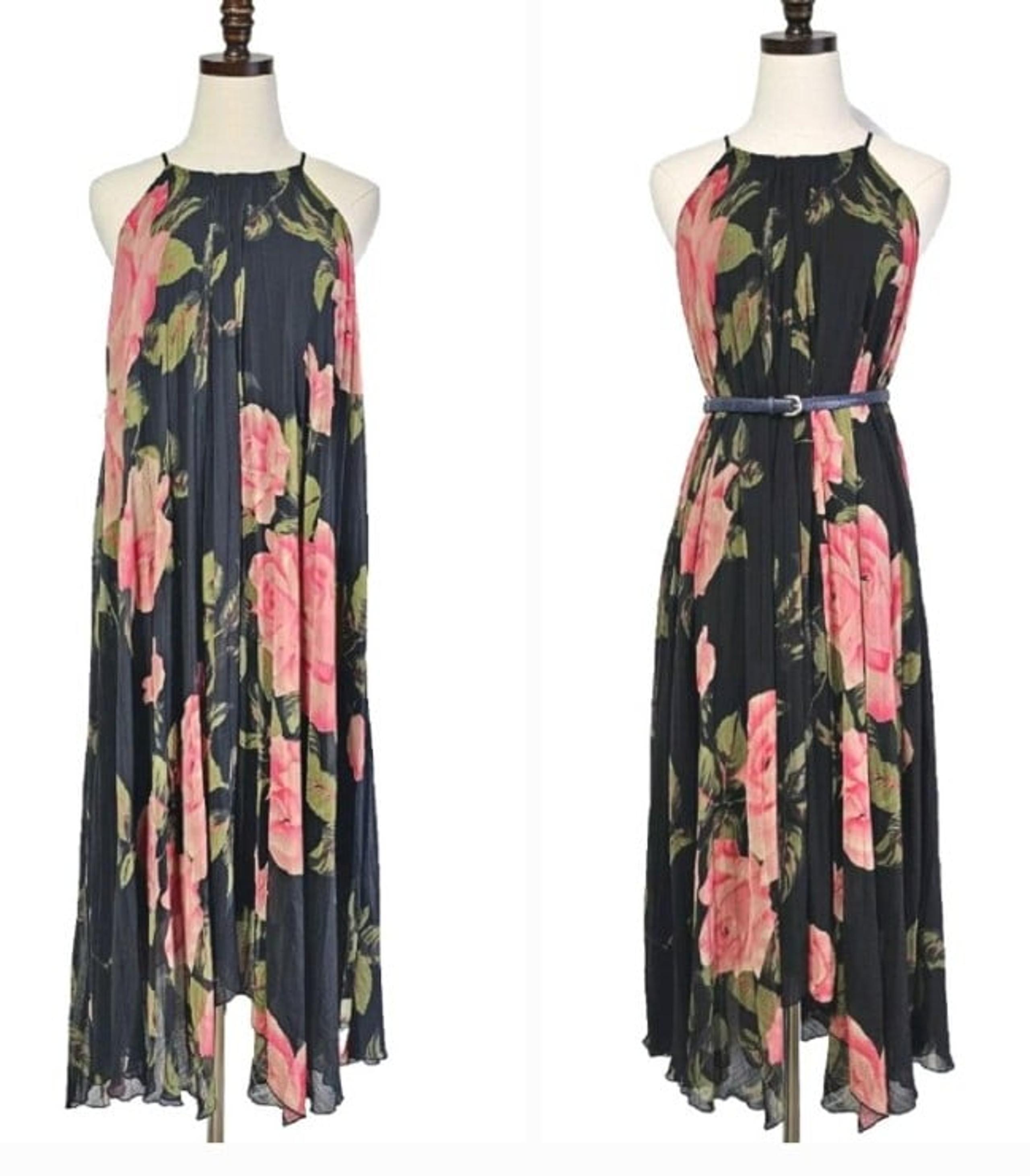 Anthropologie Black Floral Halter Sheer Lined Baby Doll  Casual Midi  Dress, SP