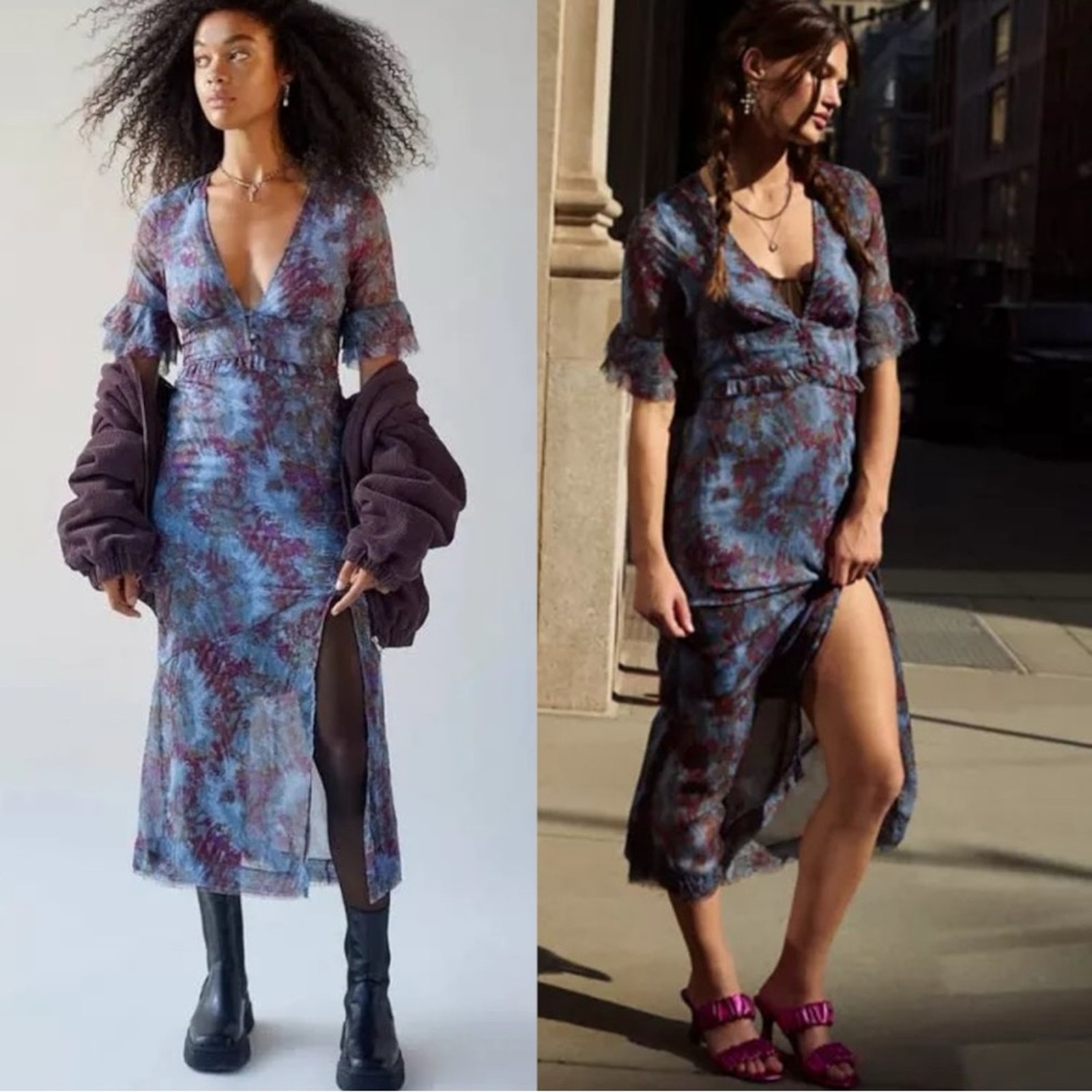 UO Florence Chiffon Printed Midi Maxi Dress Small Ethereal Forest Fairy Raw Hem