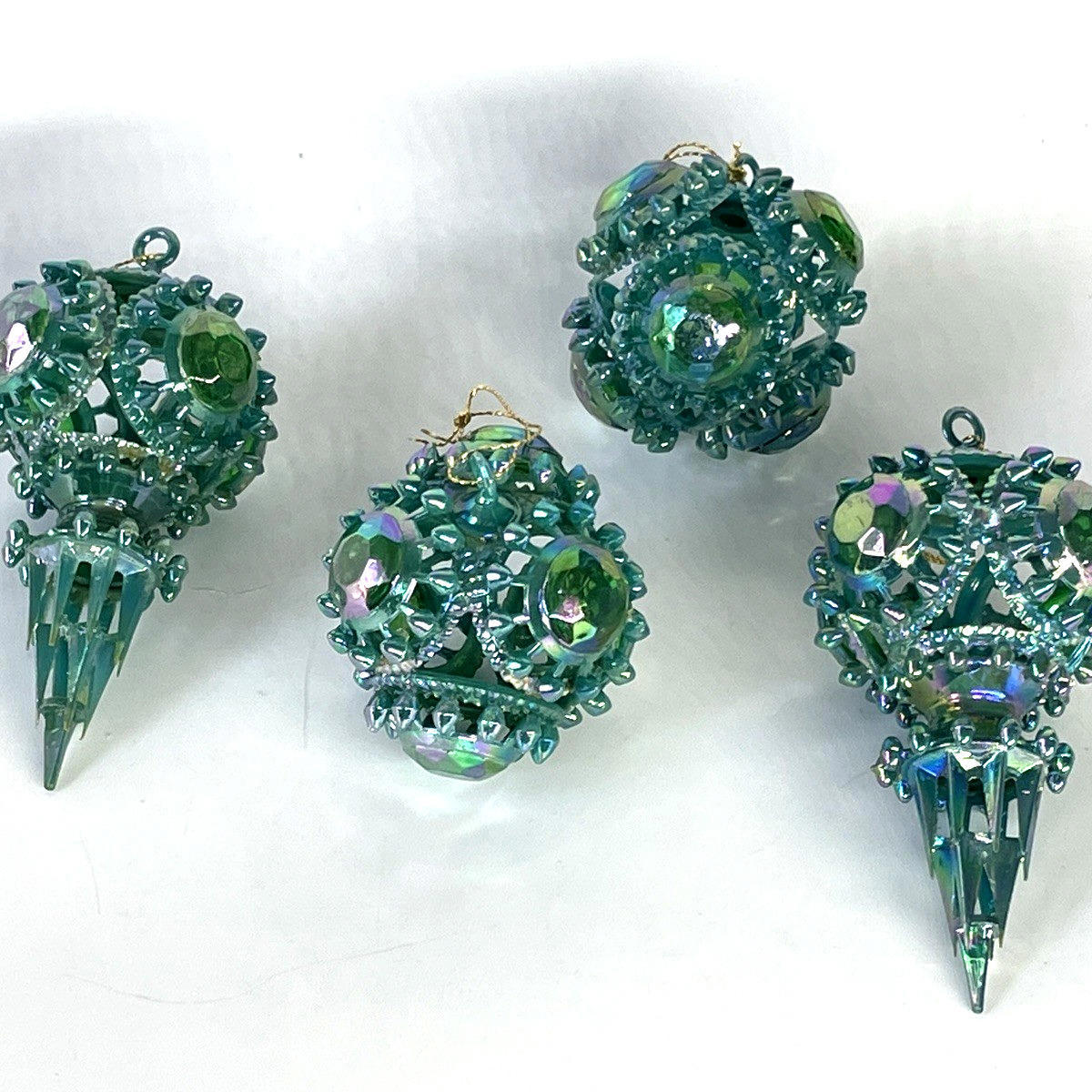 Vintage MCM Early Plastic Christmas Ornaments Jeweled Iridescent Green LOT of 4