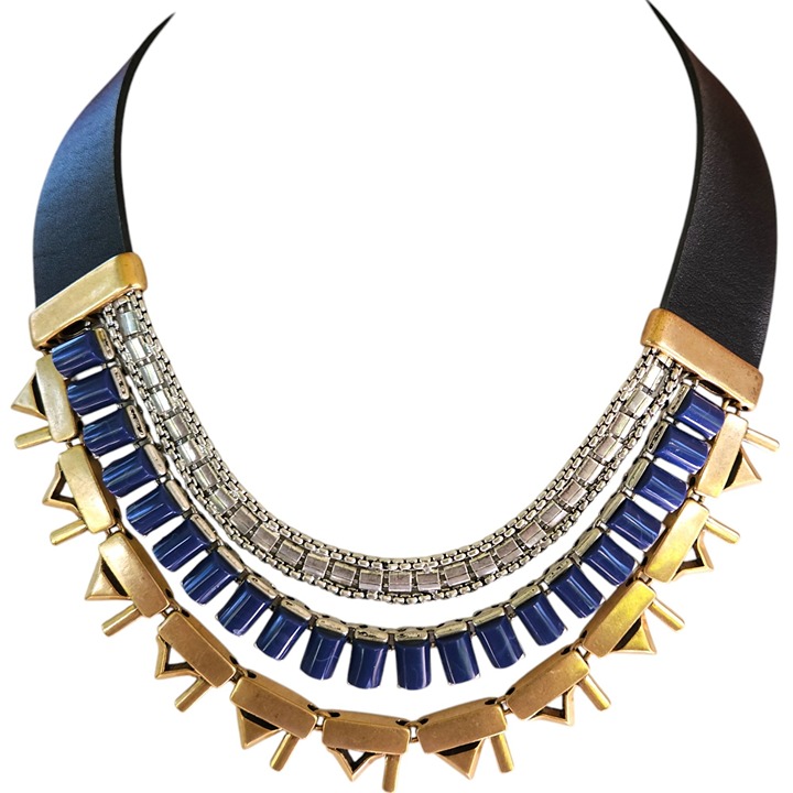 Stella & Dot “Natalie” Statement Necklace Reversible Black Leather Cobalt