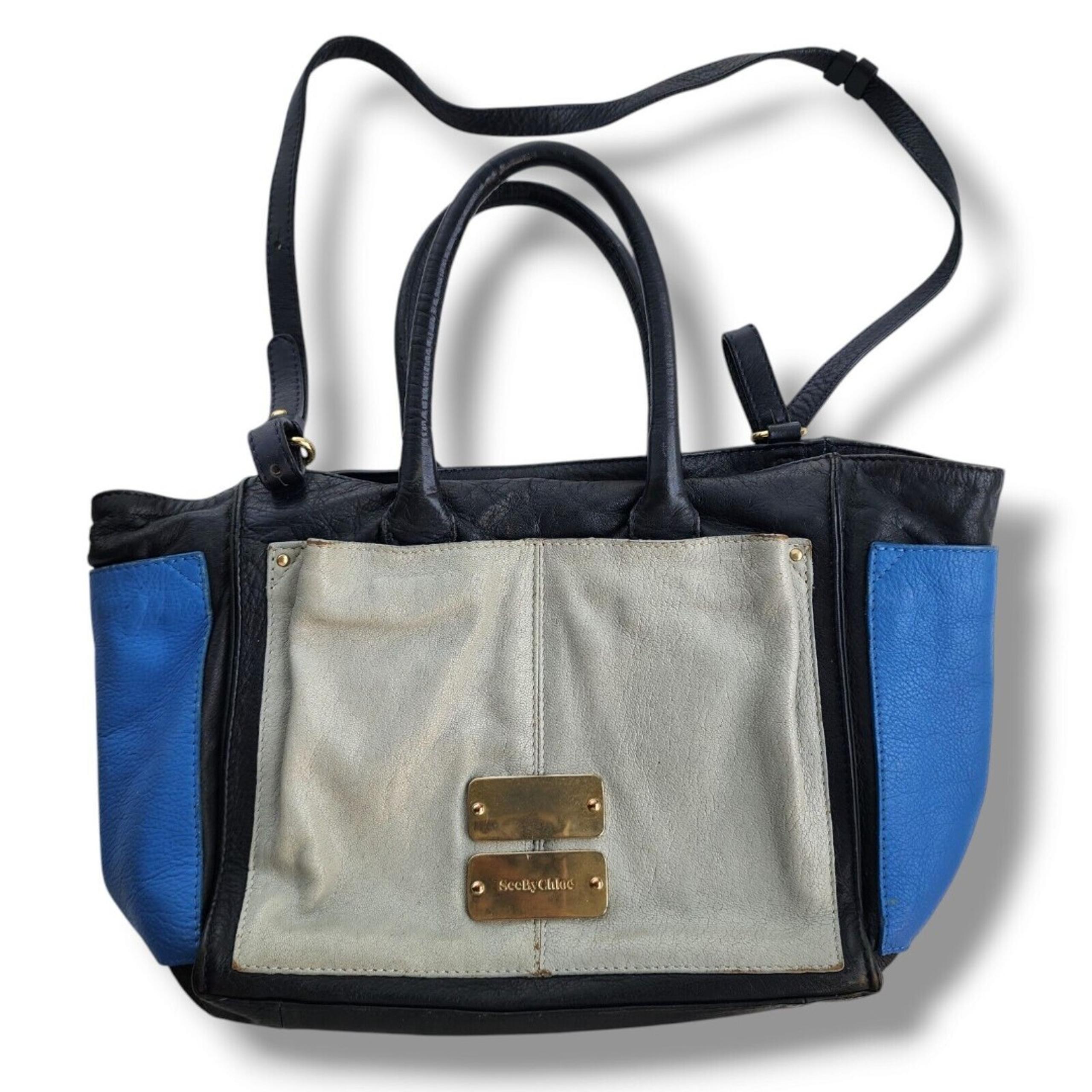 SEE BY CHLOE Nellie Navy Light Blue Gray Leather Handbag Crossbody Trapezoid