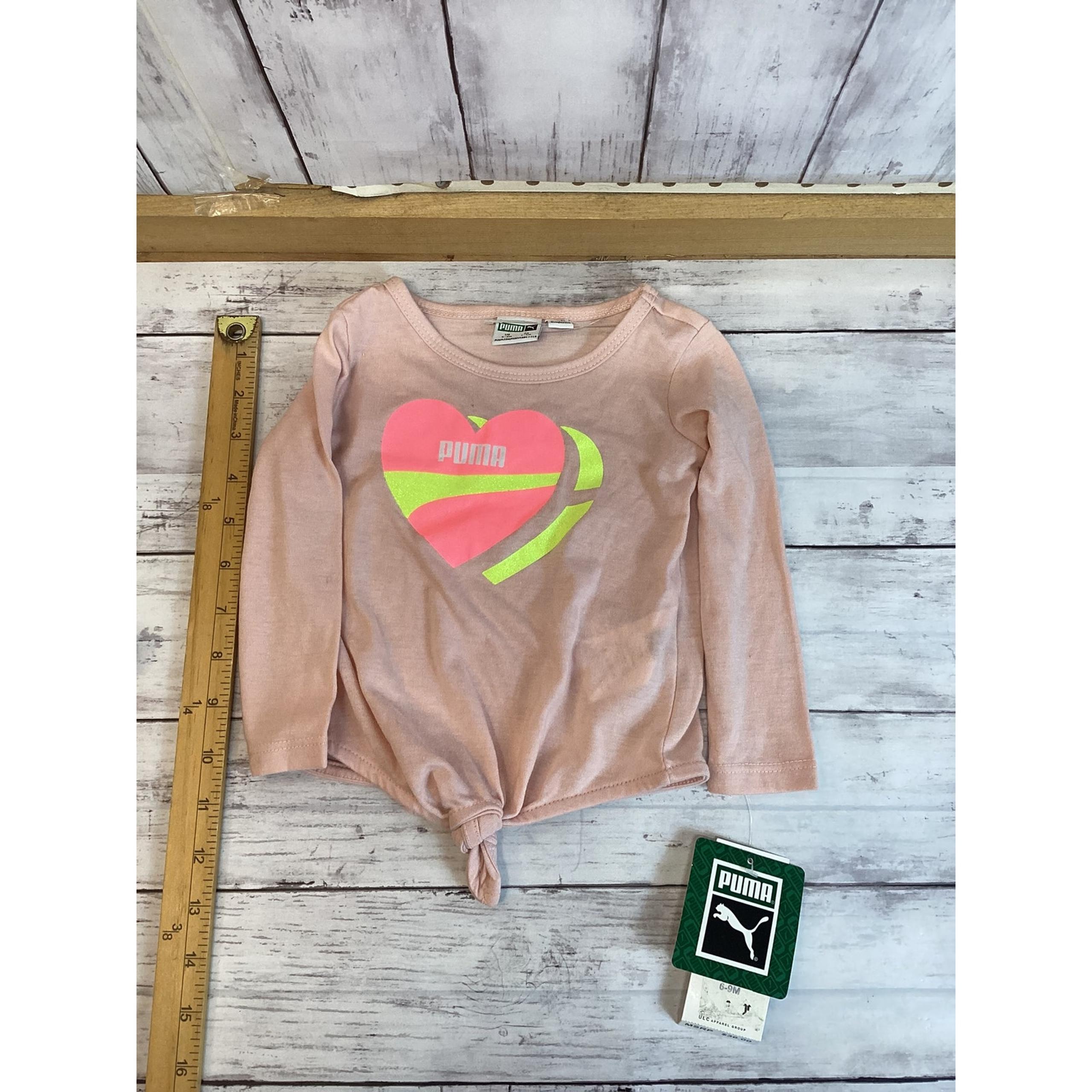 PUMA Girls Casual T-Shirt 6-9M Baby Pink Graphic Long Sleeve Knotted Front Tee