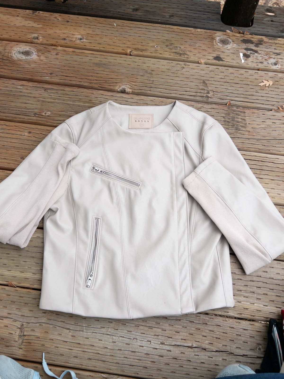 Women’s jacket plus Faux Leather Moto – Beige, 3/4 Sleeve, Zip Pockets BLANKNYC