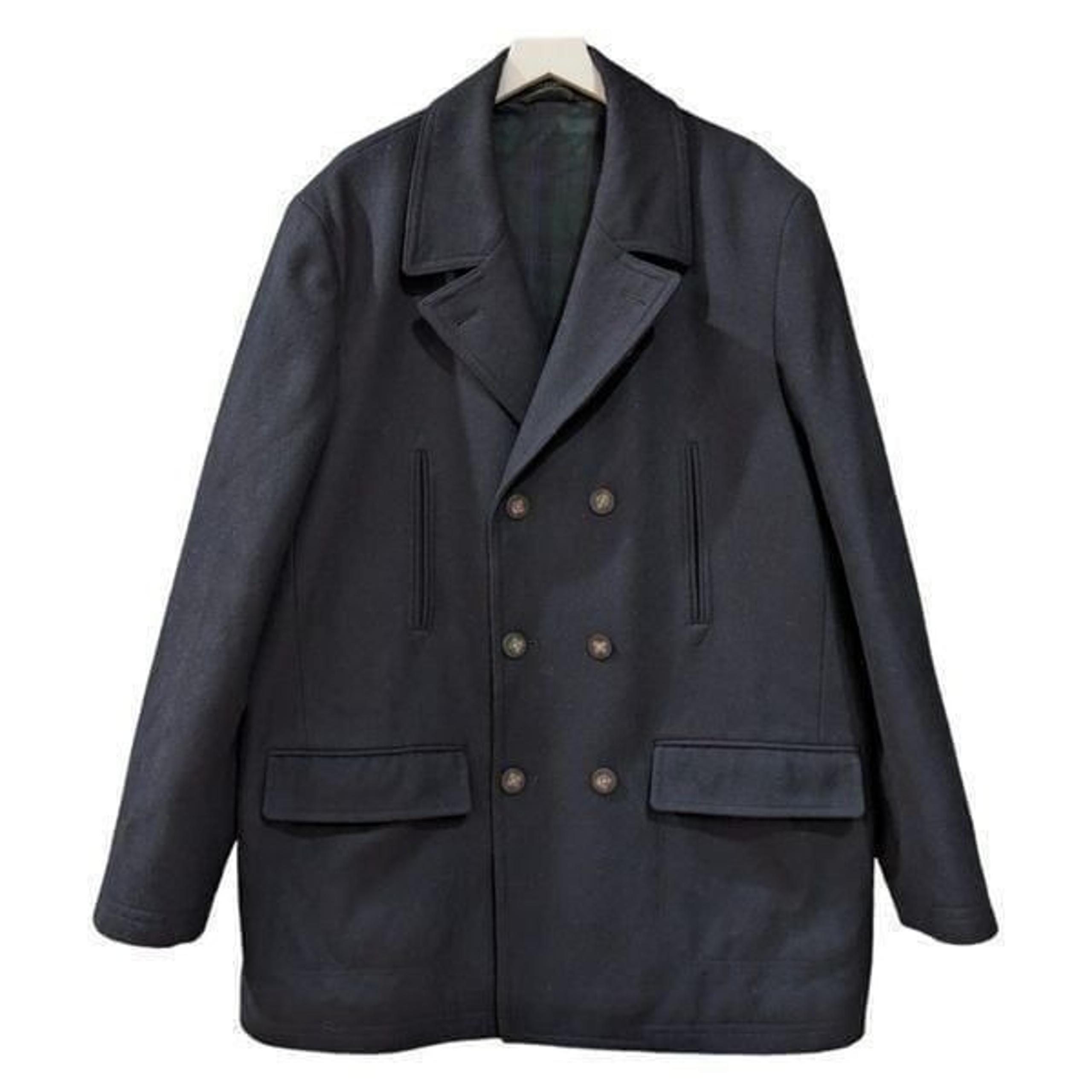 RALPH LAUREN DOUBLE BREASTED TARTAN LINED MENS BLACK WOOL BLEND PEACOAT SIZE 50L