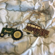 Tractor and firetruck window trinkets