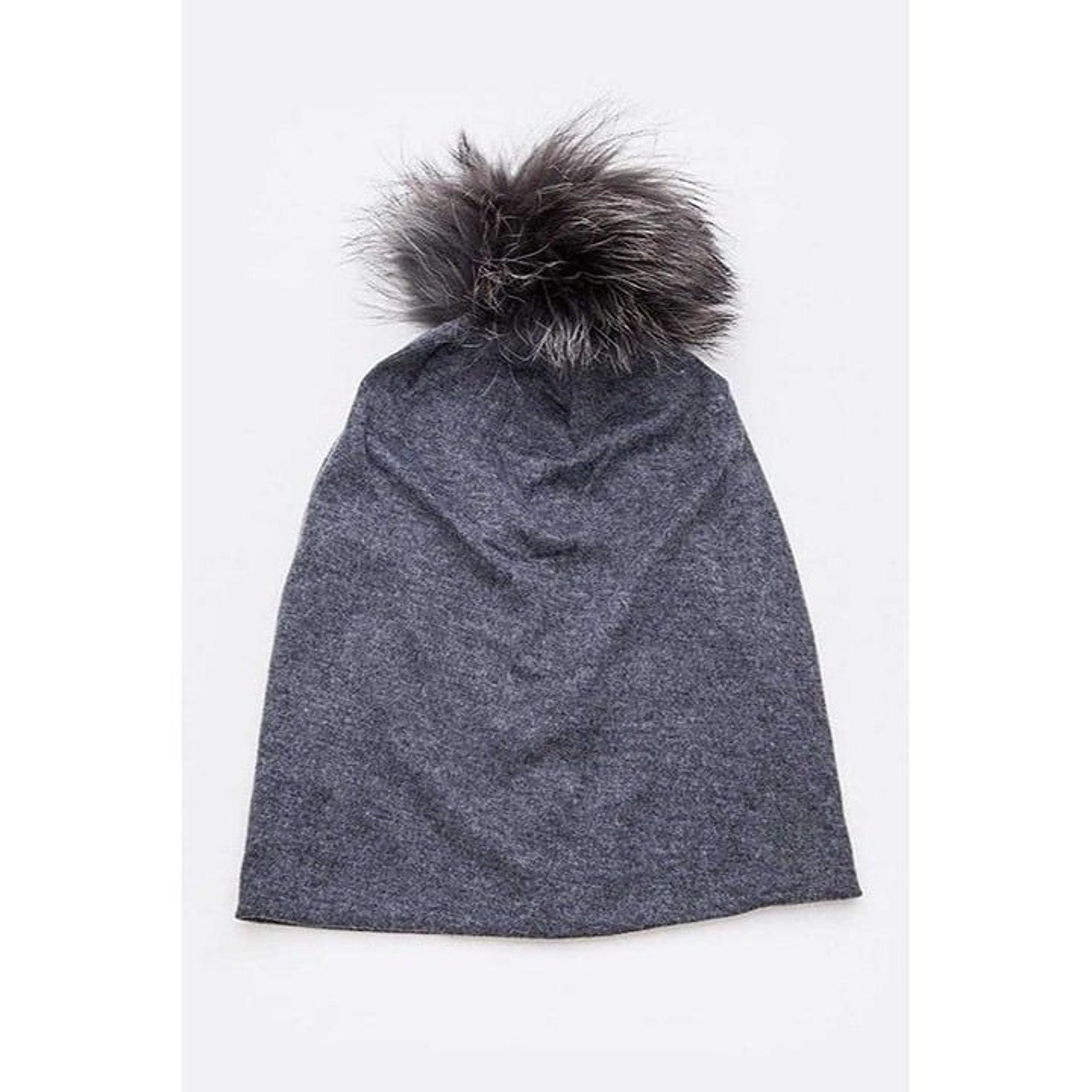Oversize Raccoon Fur Pom Cotton Slouchy Beanie