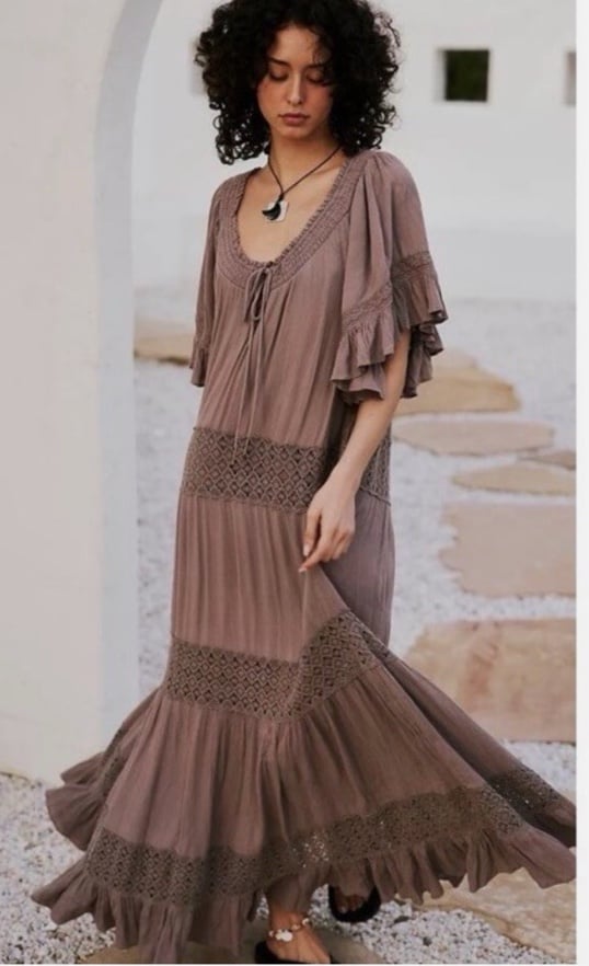 Free People Dream On Embroidered Lace Maxi Dress Petrified wood gray Sz xs