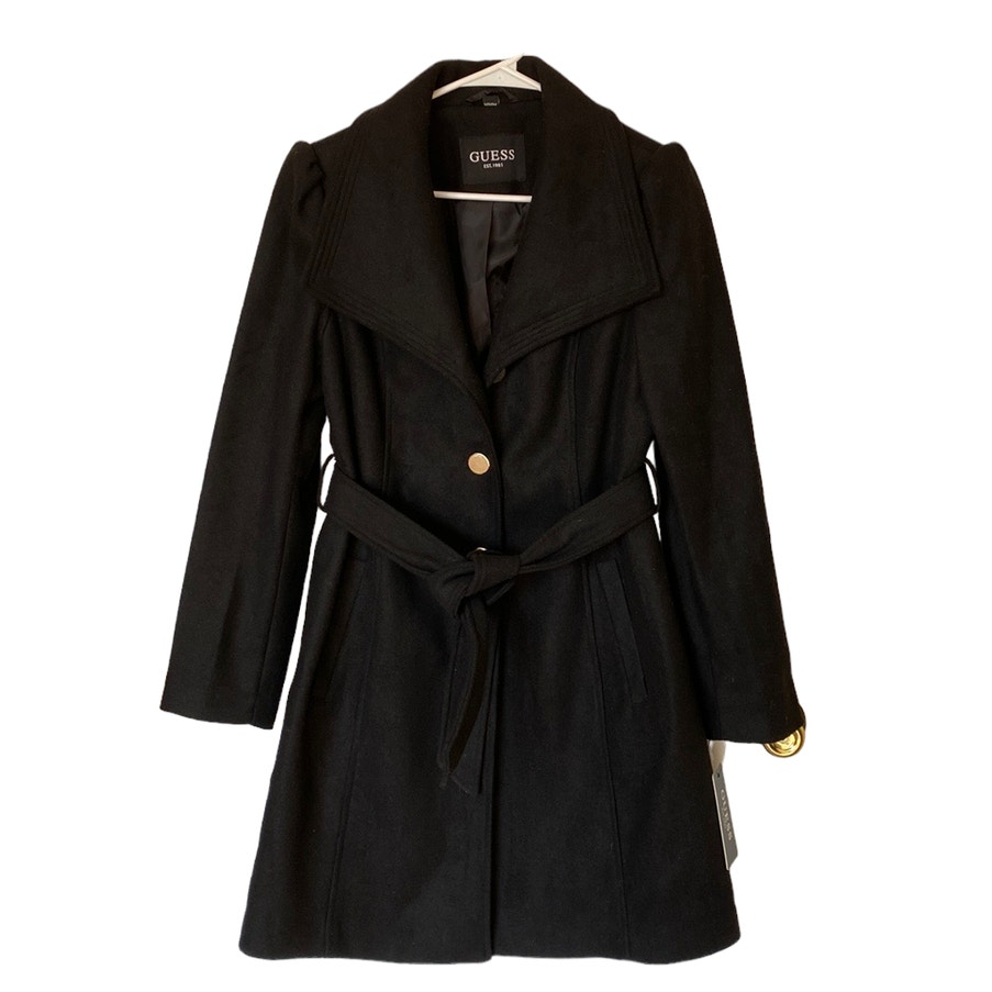 New Guess Women's Black Wool Blend Oversize Collar Single Breasted Pea Coat M