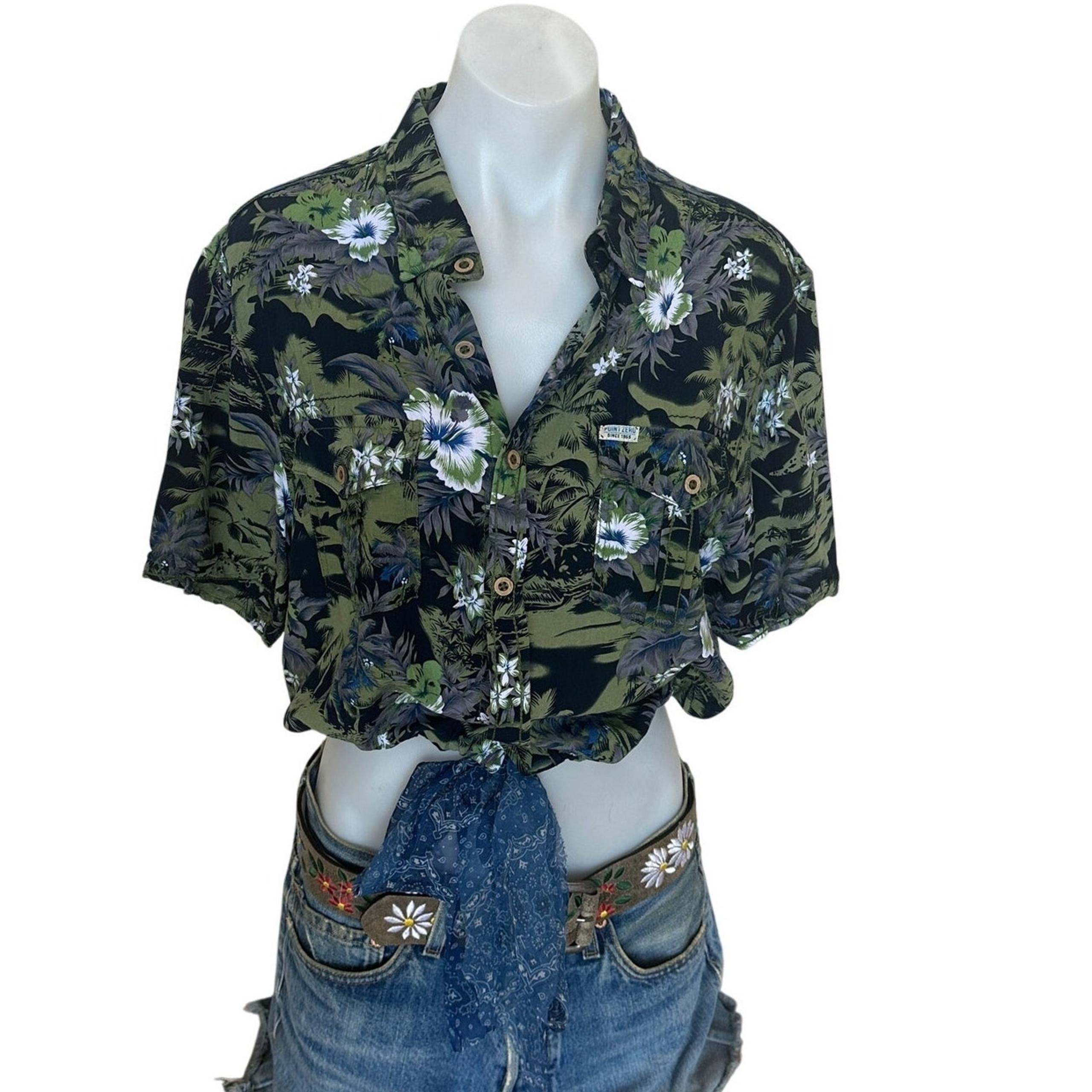Hawaiian Shirt Tropical Button Down Crop Top One Size Oversized Hibiscus Unique