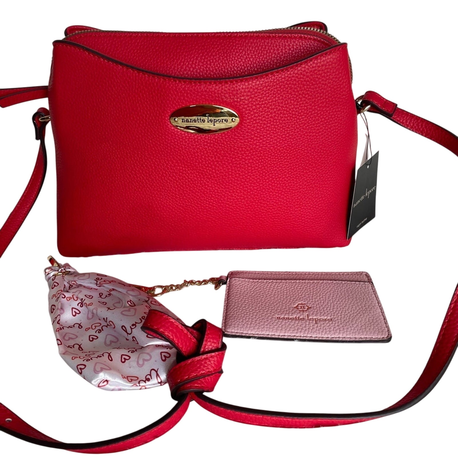 Brand New Nanette Lepore Red Crossbody Purse Bag Smooth Vegan w/Card Case Scarf
