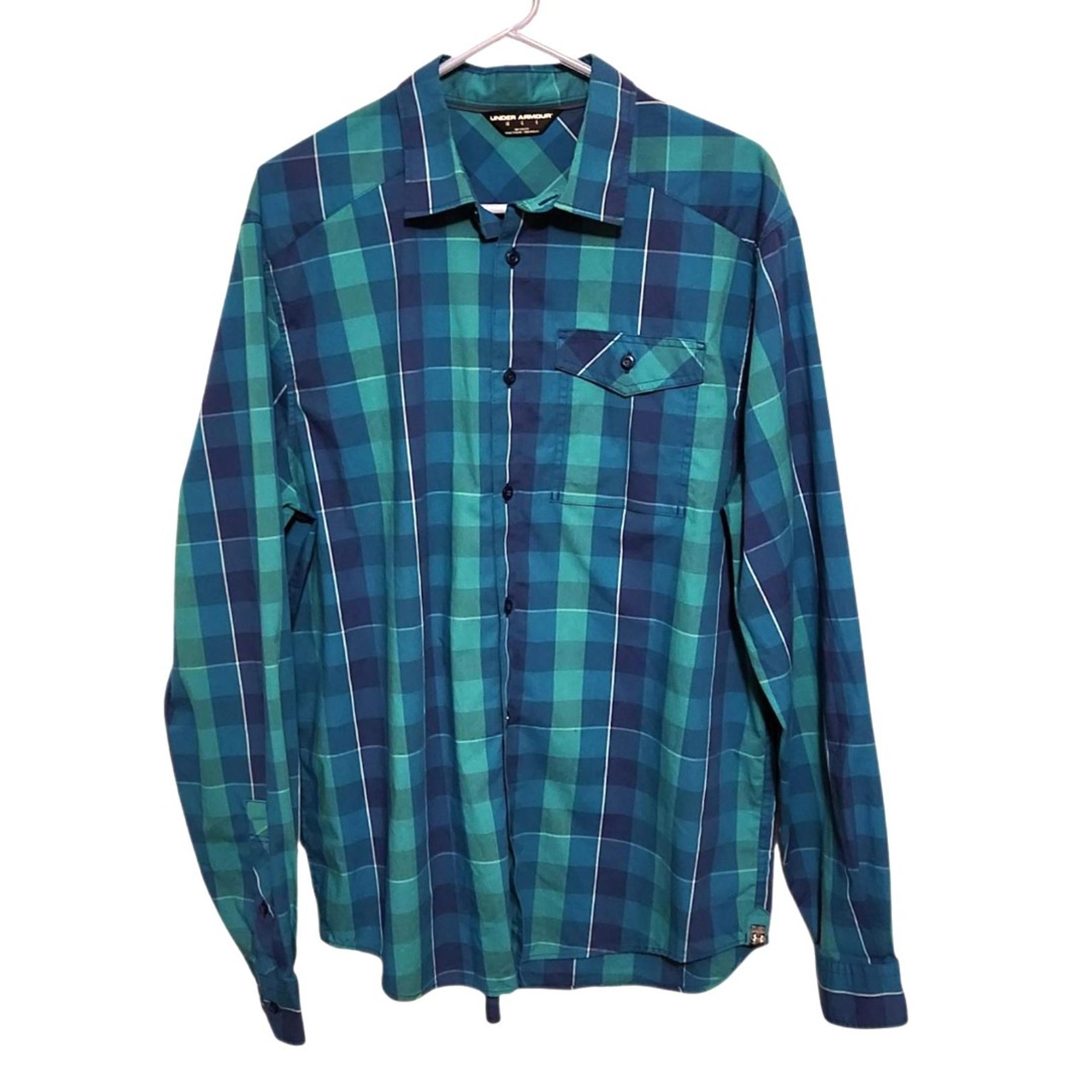Under Armour Shirt Button Front Long Sleeves Blue Green Plaid Pocket Mens Large