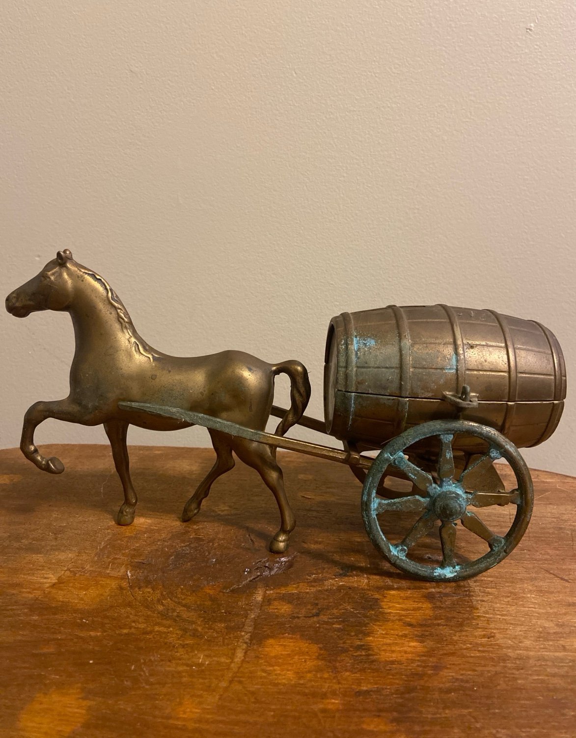 Vintage Brass Horse & Cart with Brewery Barrel Coin Bank