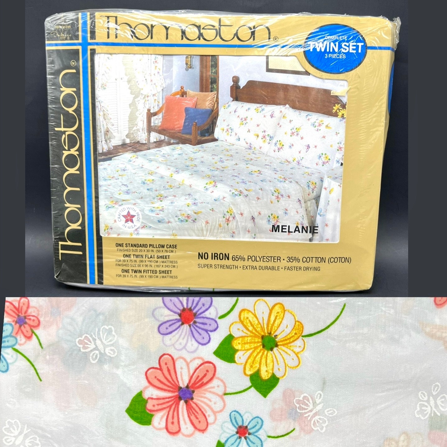 Vintage Thomaston Melanie 3 Piece Twin Sheet Set Butterfly Flower Power No Iron