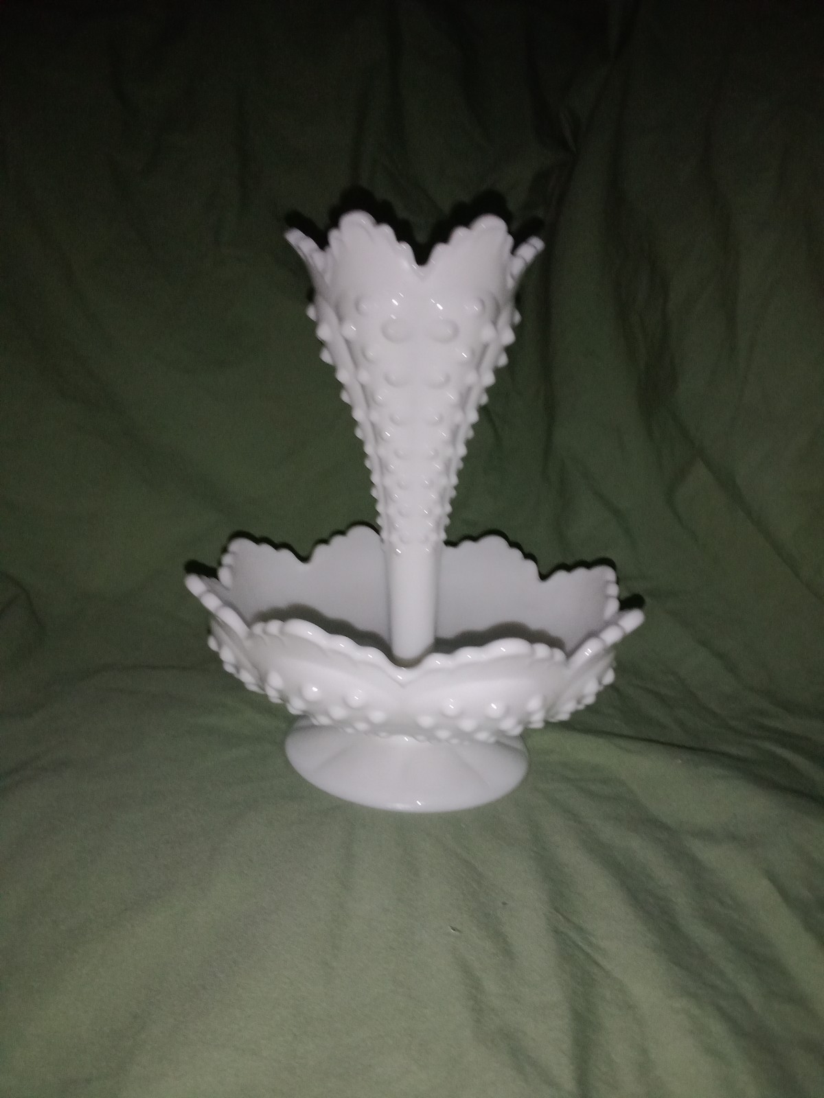 Mid Century Modern Fenton Glass Hobnail Epergne Flower Frog MCM Vintage Retro
