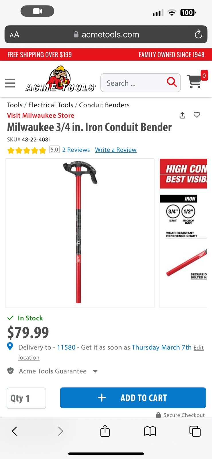 Milwaukee 3/4 in. Iron Conduit Bender “New in Box”