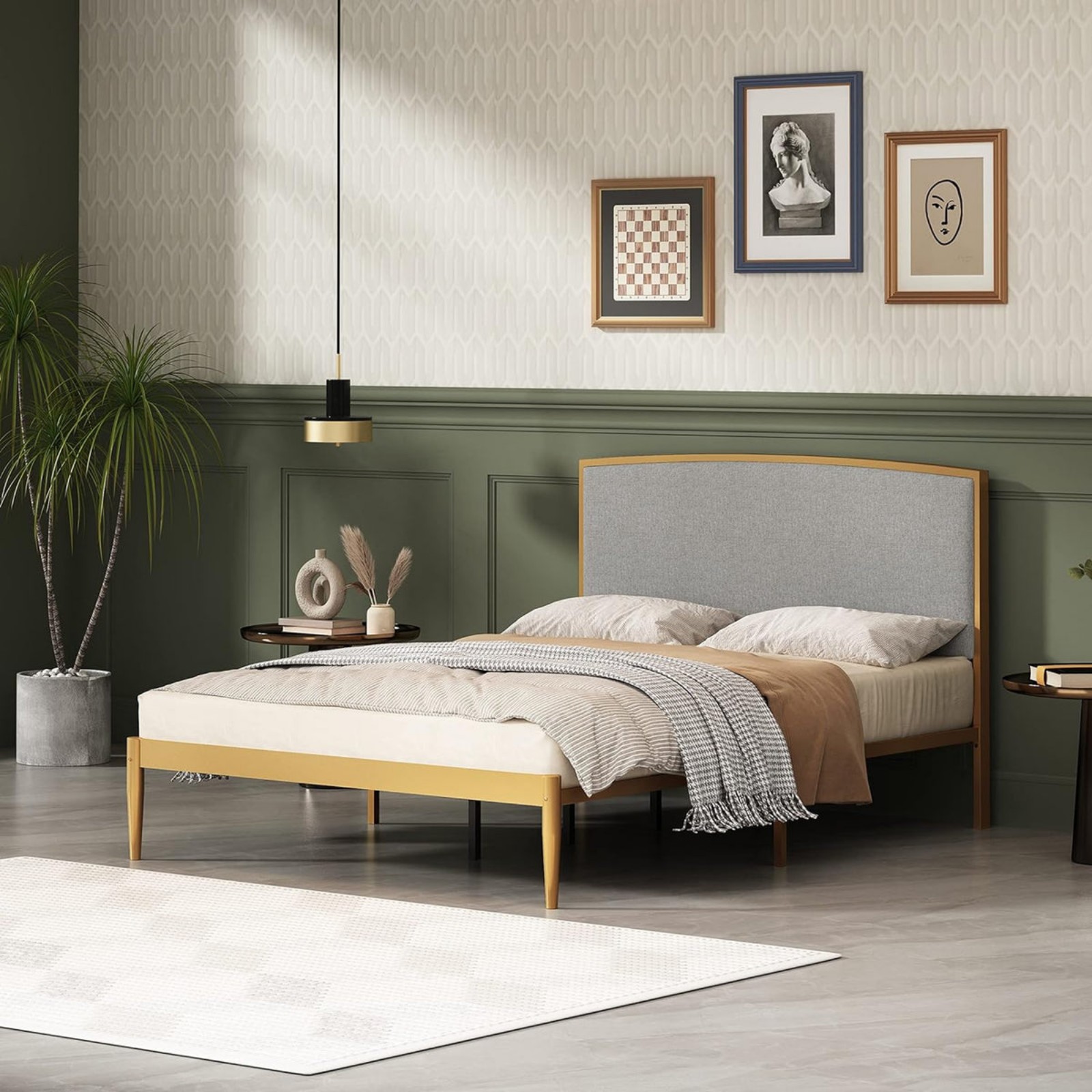 YUHUASHI Platform Metal Bed Frame, Simple Design, Linen(Light Grey& Gold, Queen)