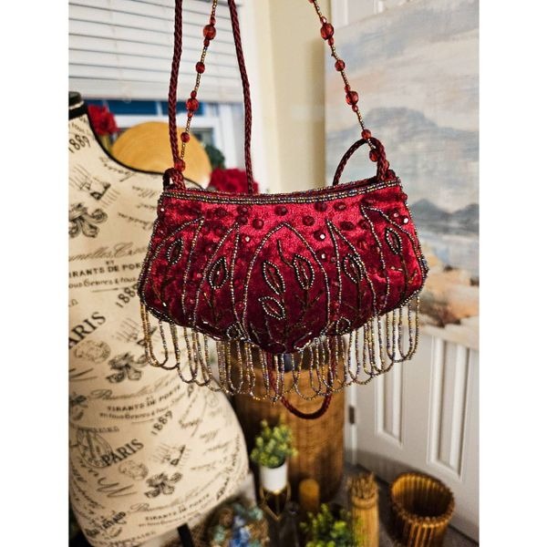 Vintage Velvet Beaded Fringe Purse | Red Evening Shoulder Bag |