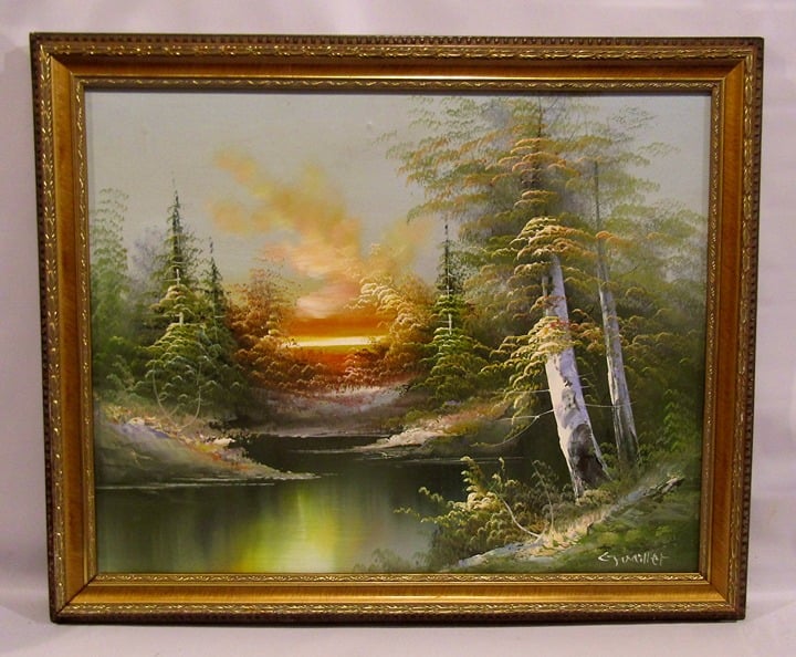 VTG 1980's Original Oil Painting Wood by the Lake Landscape By G. Miller Framed