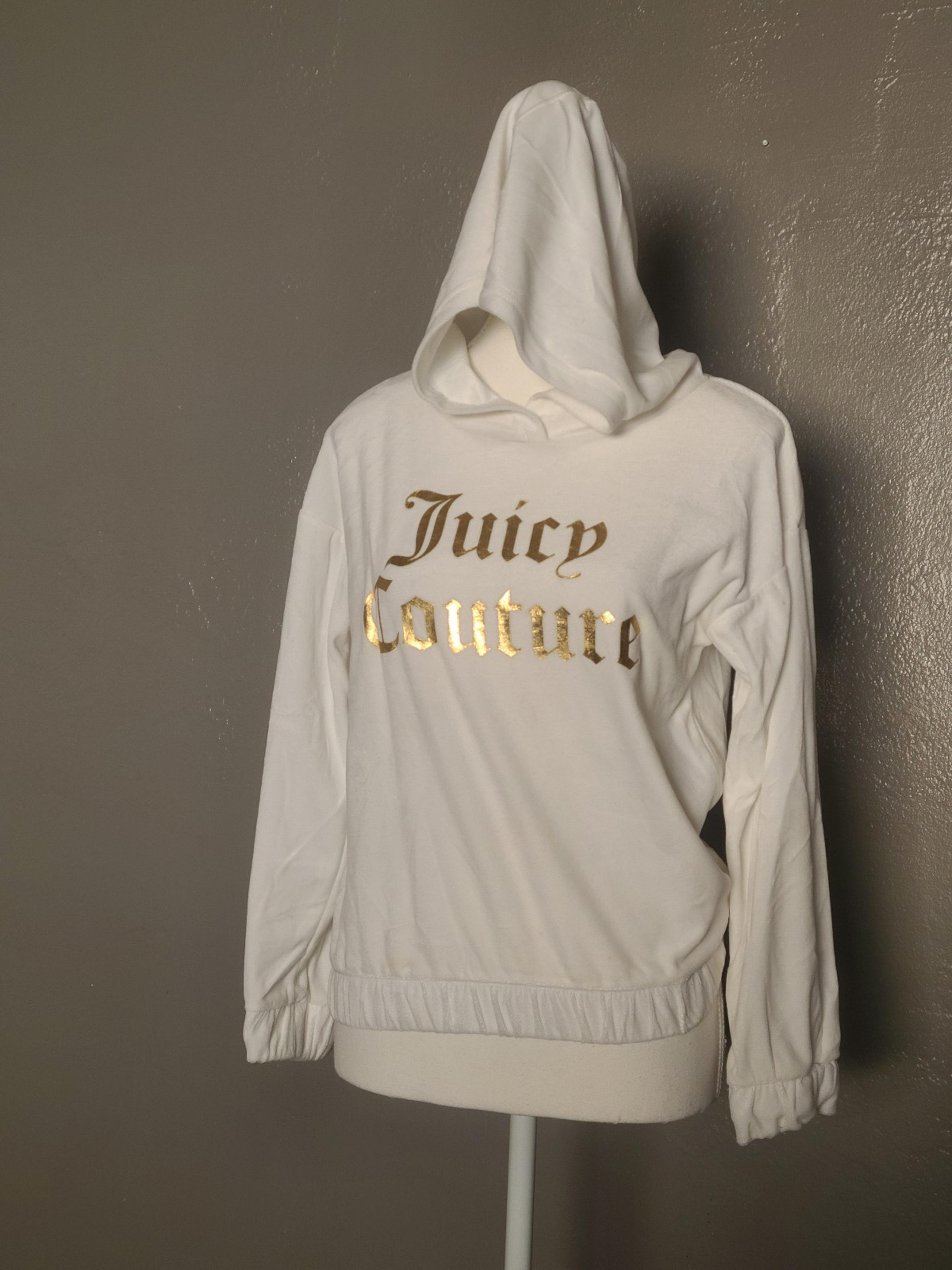 Juicy Couture Girls White Pullover Velour Hoodie w gold logo size L 12/14
