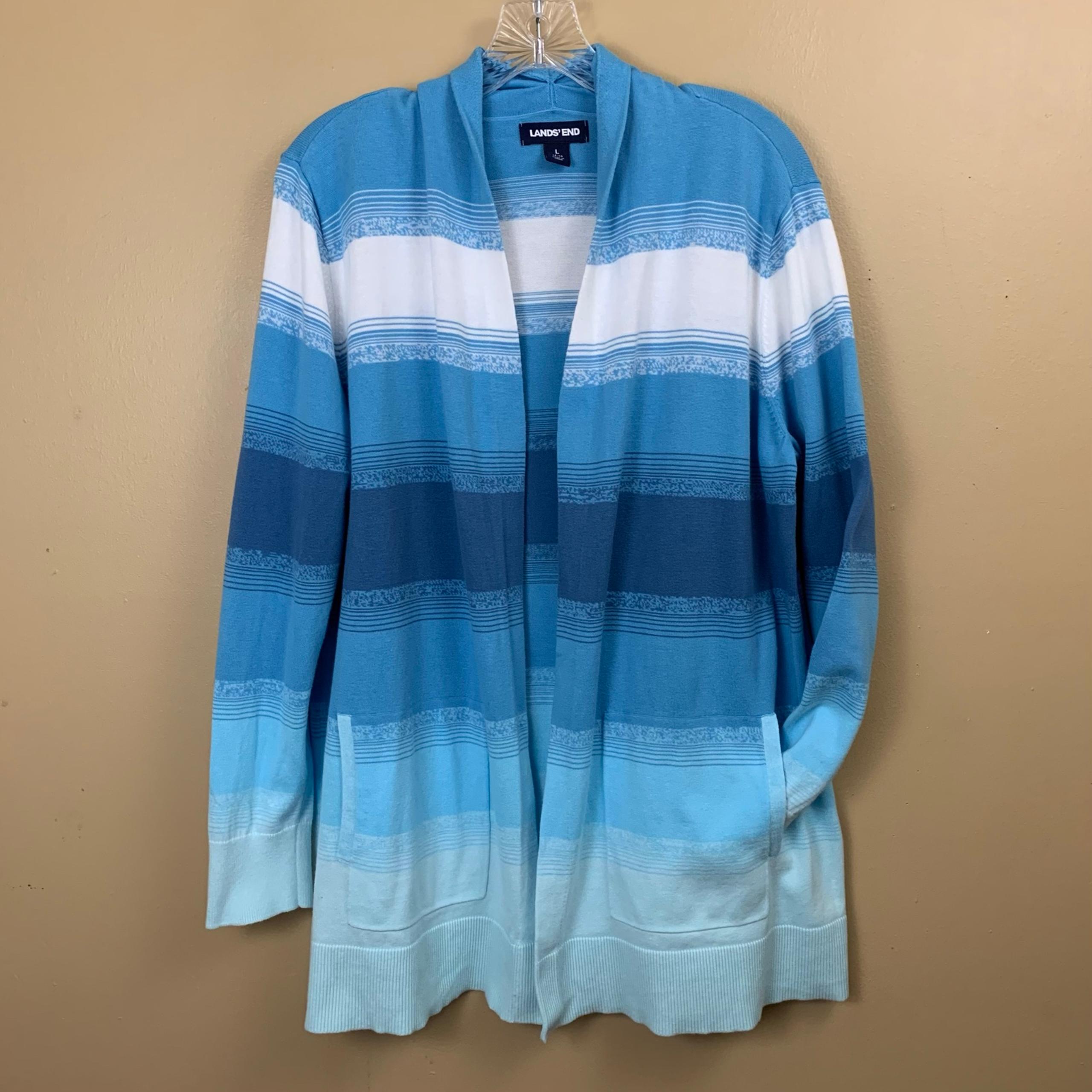 Lands End Sweater Womens Large Blue Ombre Stripe Cotton Open Front Long Cardigan