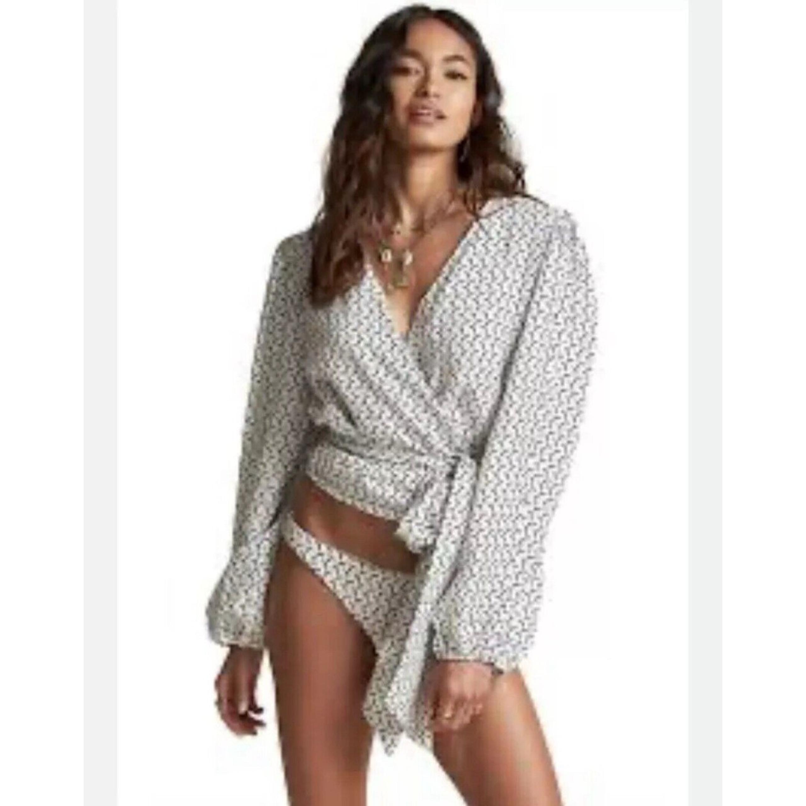 Billabong x Sincerely Jules Printed 100% Linen Long Sleeve Wrap Top Blouse M