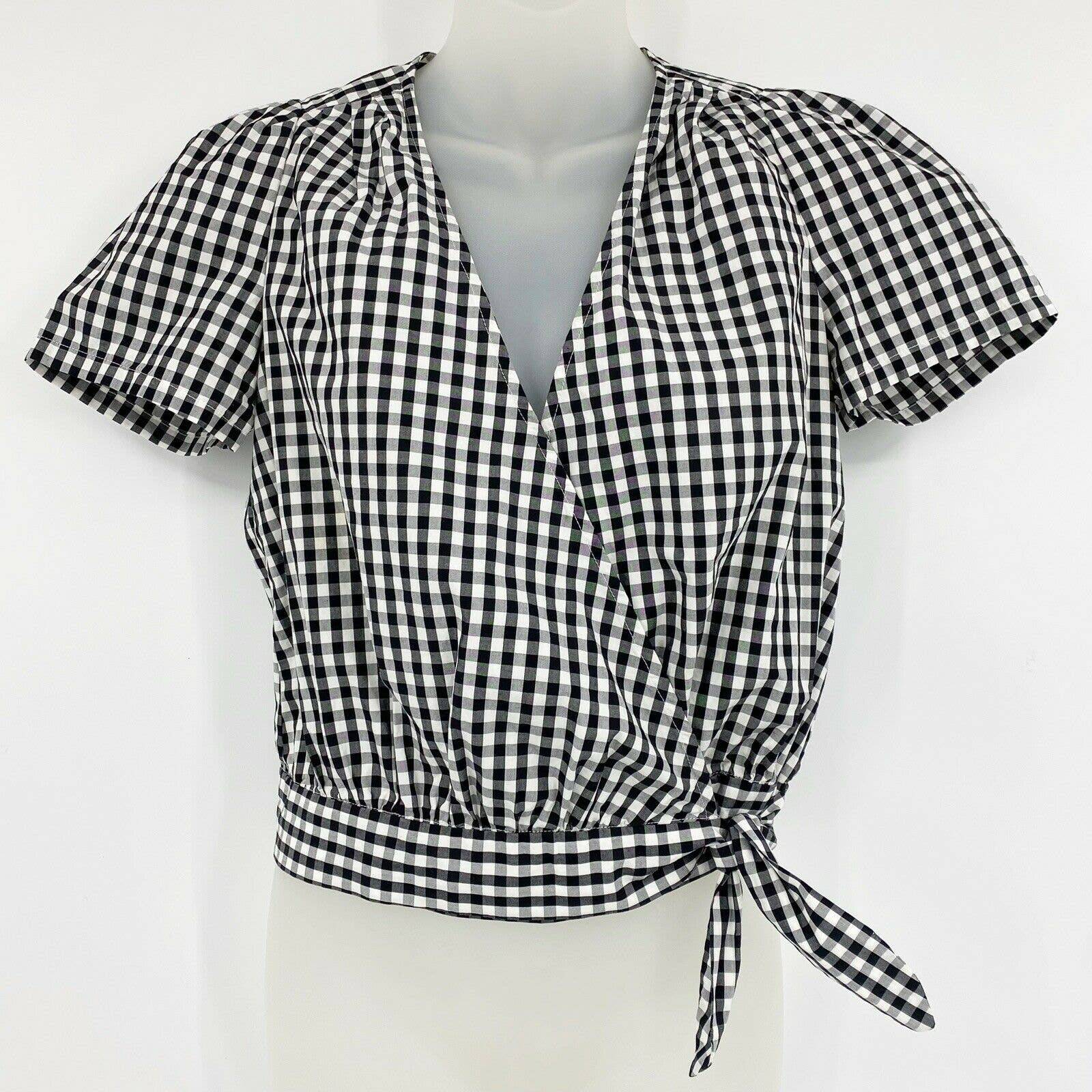 Madewell Short Sleeve Wrap Top in Gingham Check Cropped Black White XXS