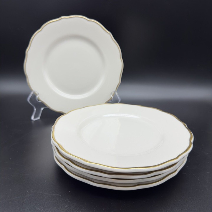 5 Syracuse China White Scalloped Gold Rim 7” Salad Plates Vtg Restaurant Ware