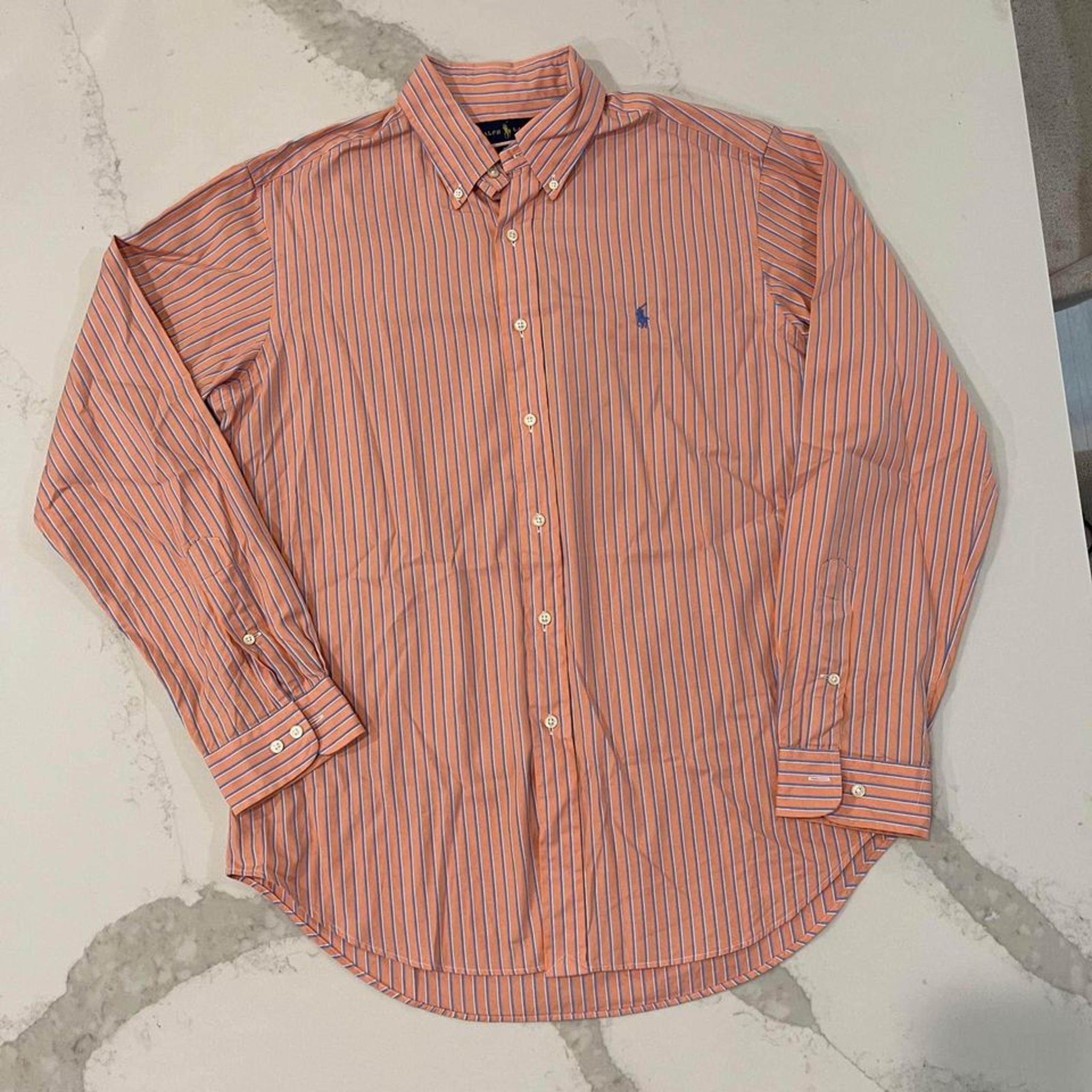 Ralph Lauren Button Up Shirt Long Sleeve Orange Blue Stripe Classic Fit Men's 16