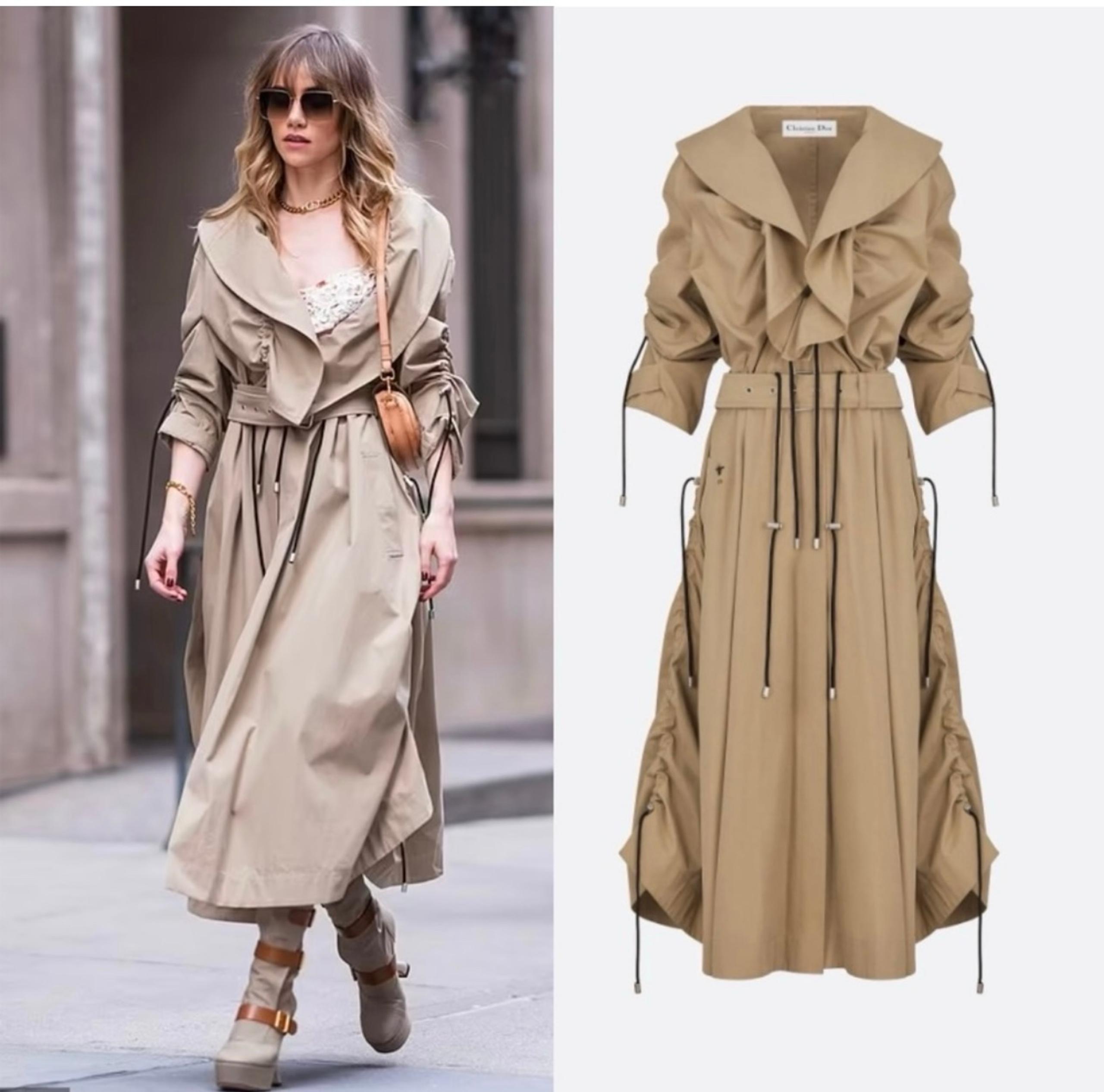 Christian Dior 2023 Trench Coat With Ruffles Beige Cotton Gabardine  Size 2