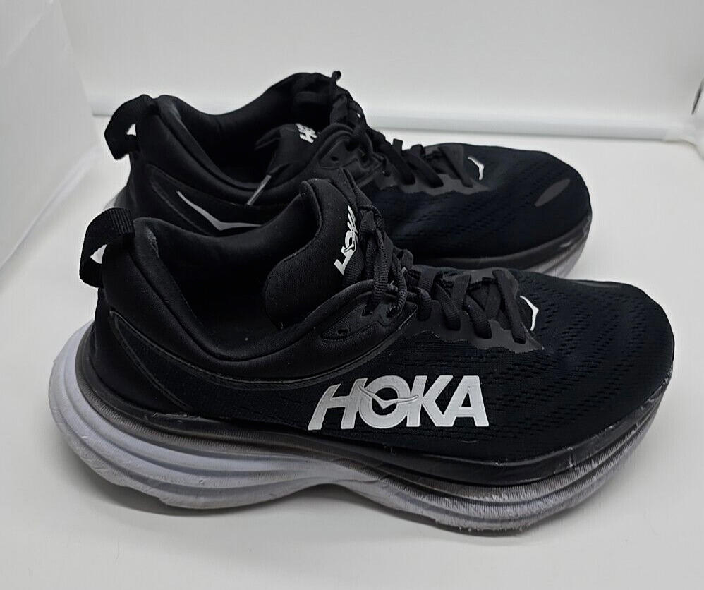 Hoka One One Bondi 8 Wide Black Women White Gray 1127954-BWHT Size 9D