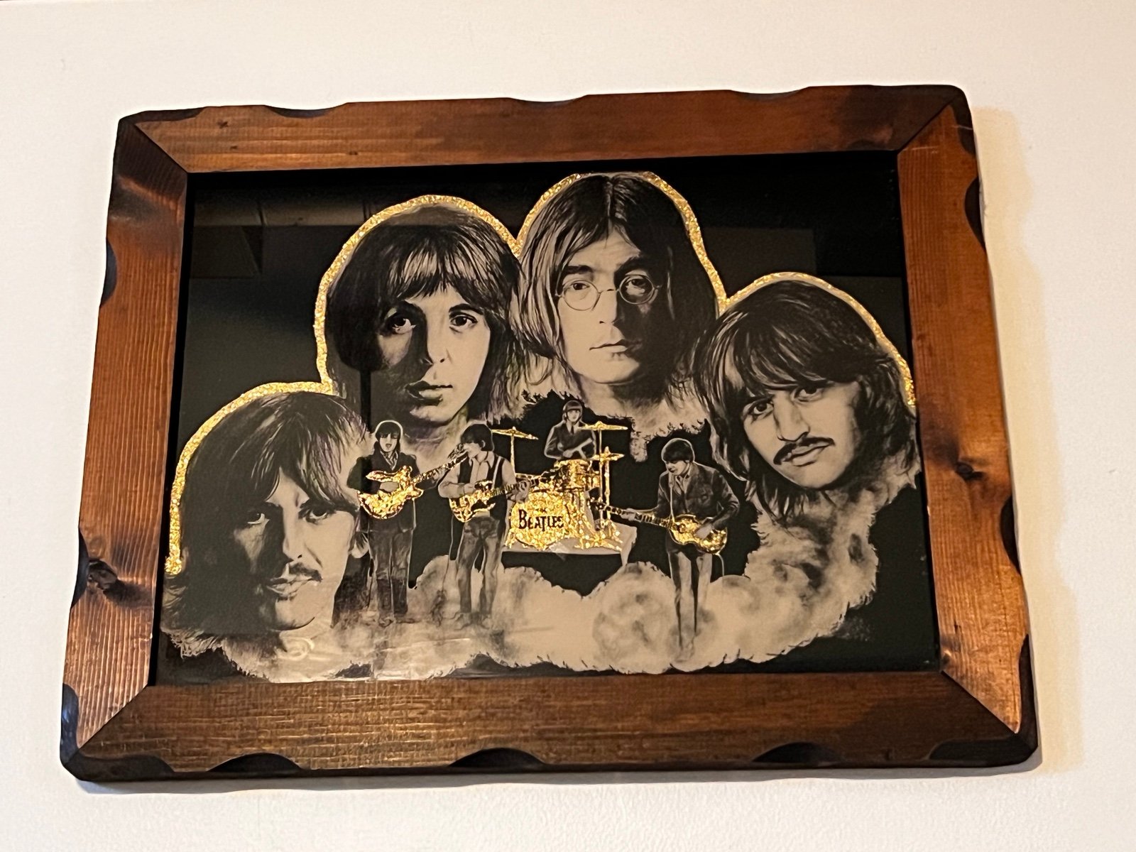 The Beatles 1970's I.B.M Wood Framed Gold Glitter Picture