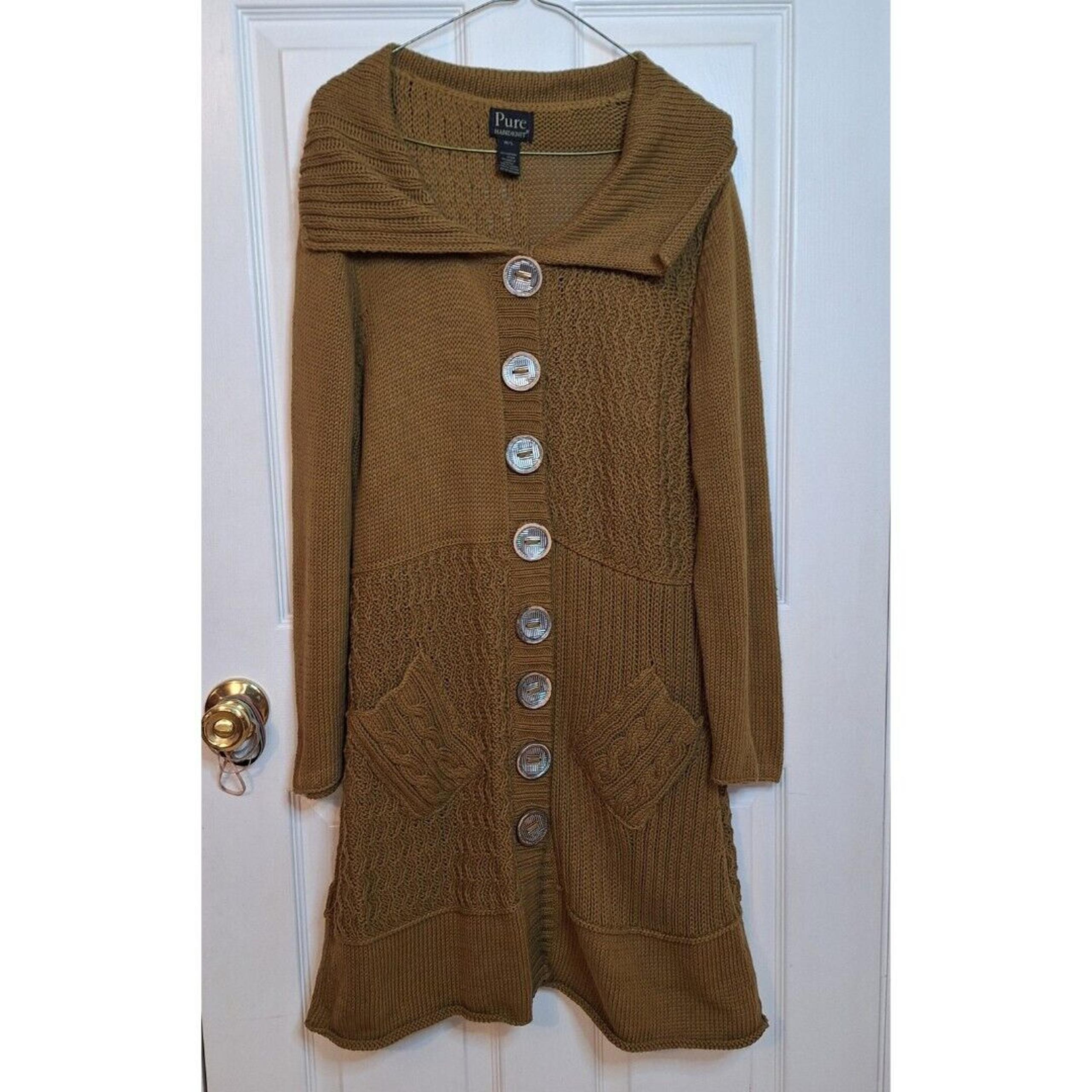 Pure Handknit Brown Decorative Button Up Cardigan Sweater Hippie Boho Size M/L