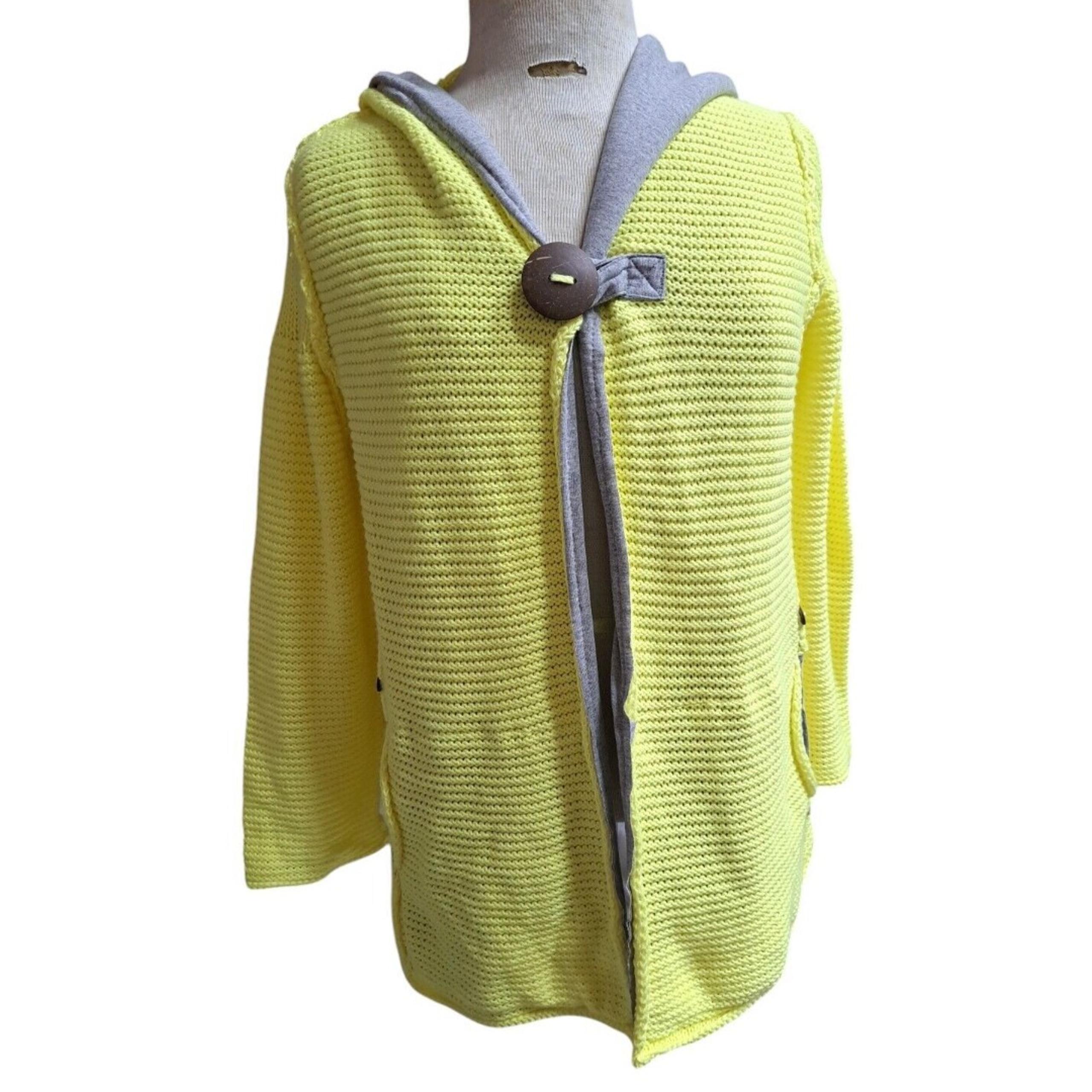 Pure Handknit Fresh Produce Hoodie Cardigan Sweater Womens M L Yellow Gray Artsy