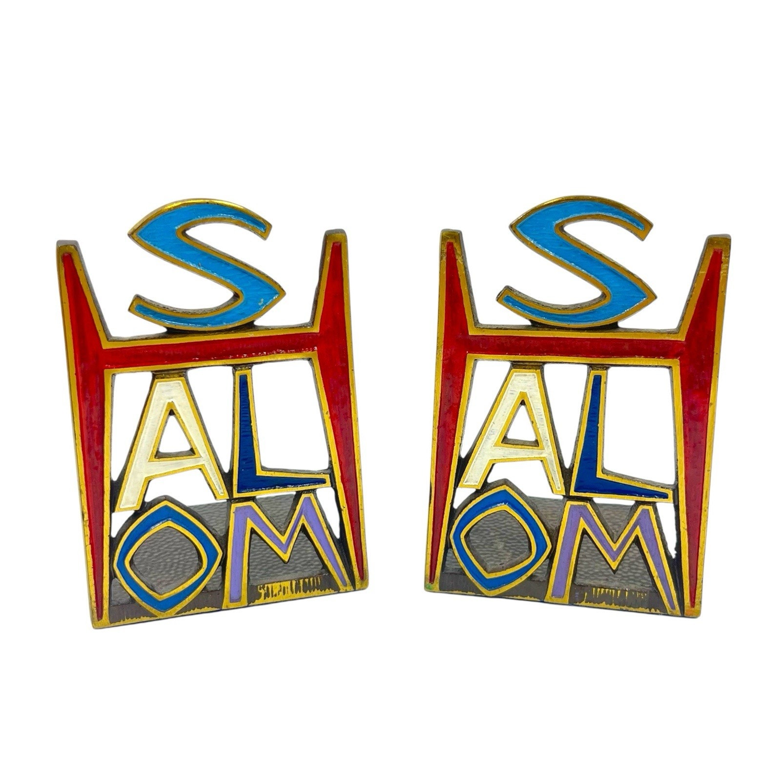 RARE PAIR MATCHING JUDAICA BOOKENDS “SHALOM” MCM MIDCENTURY MODERN BRASS ENAMEL