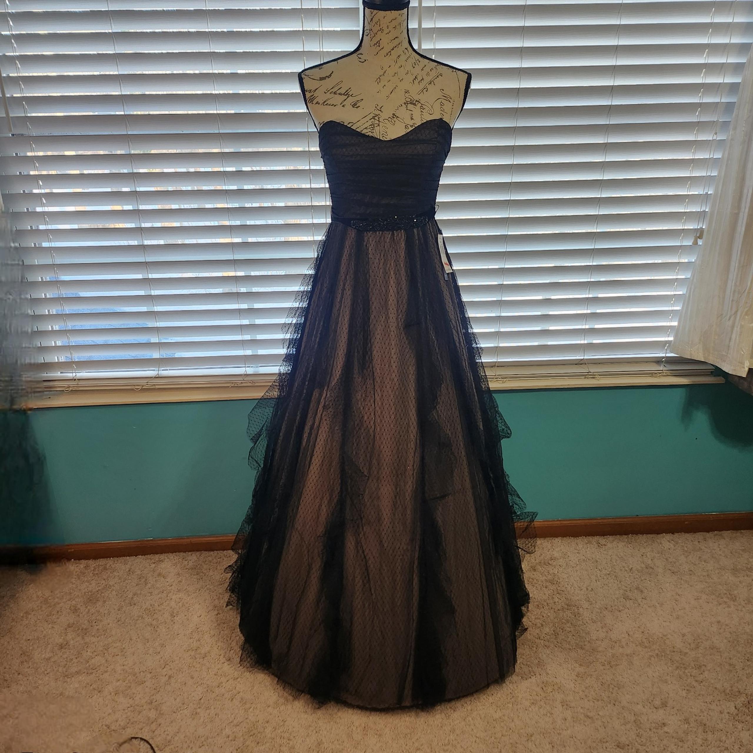 NWT Teeze Me Strapless Floor Length A-Line Dress, Black & Nude, Sz 1