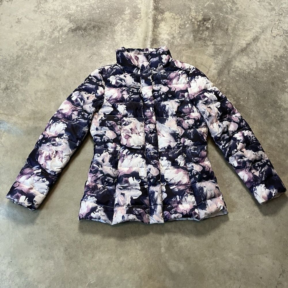 Eliza J Coat Womens Small Floral Navy Multicolor Duck Down Puffer