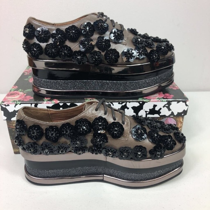 Jeffery Campbell Womens Florencia Creeper Flat Shoes Gray Leather Flower 6 M New