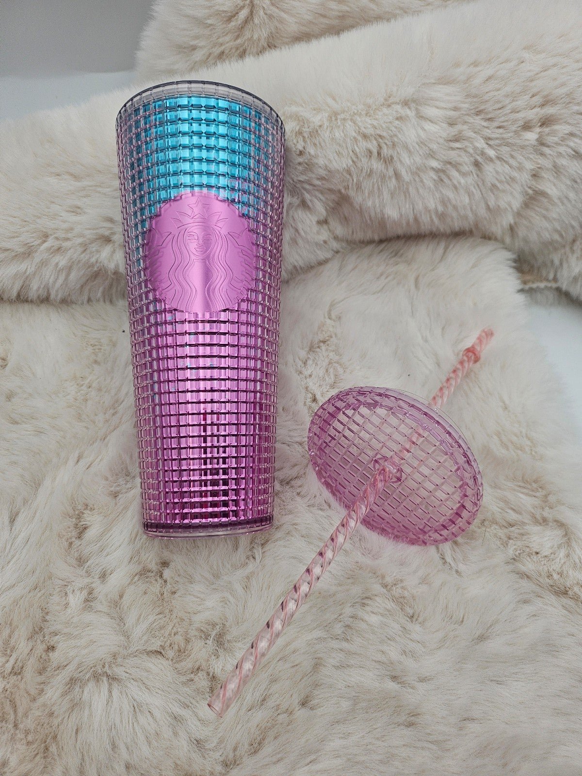 Starbucks Limited Edition 2021 Pink Blue Iridescent Grid Cold Cup Tumbler 24 oz
