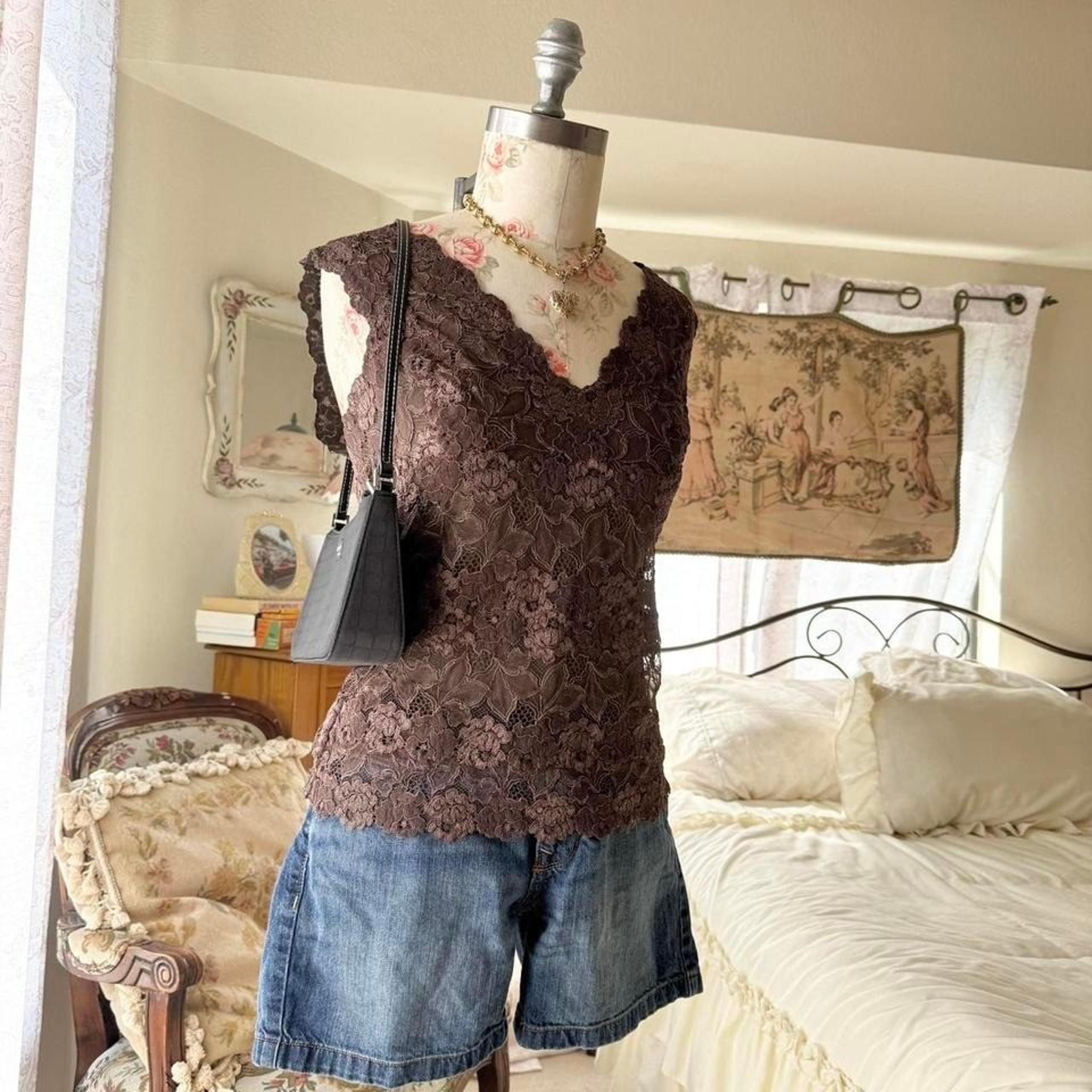 y2k brown lace cami tank top josie natori womens size large