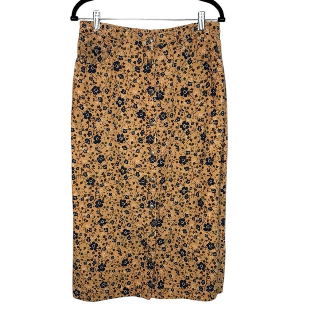 VTG 90s Style Corduroy Floral Button Front Cotton Midi Skirt Size 12