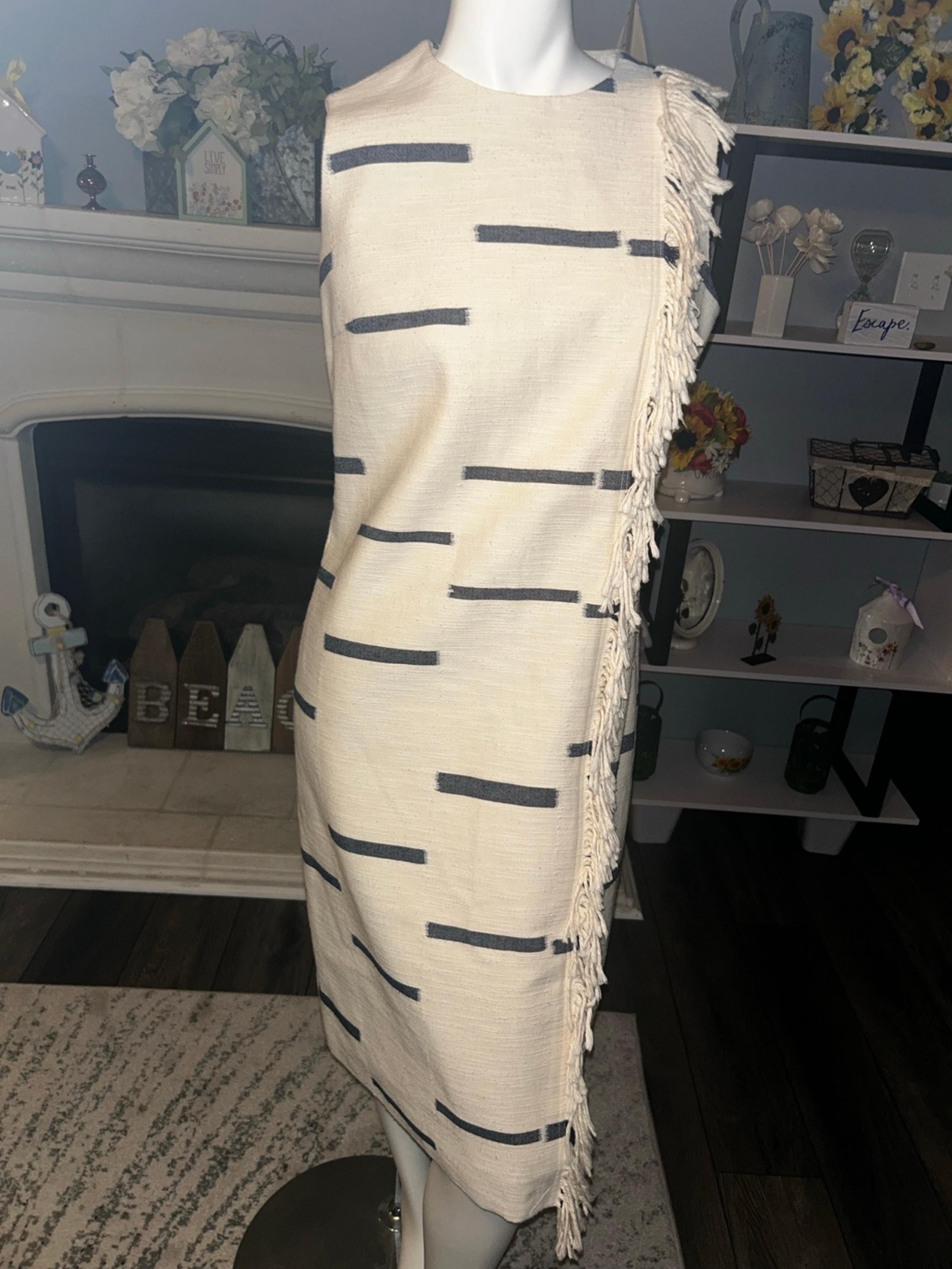 NWOT. Tory Burch Medium Women’s Shift Dress, Cream Stripes Fringe. MSRP $550.